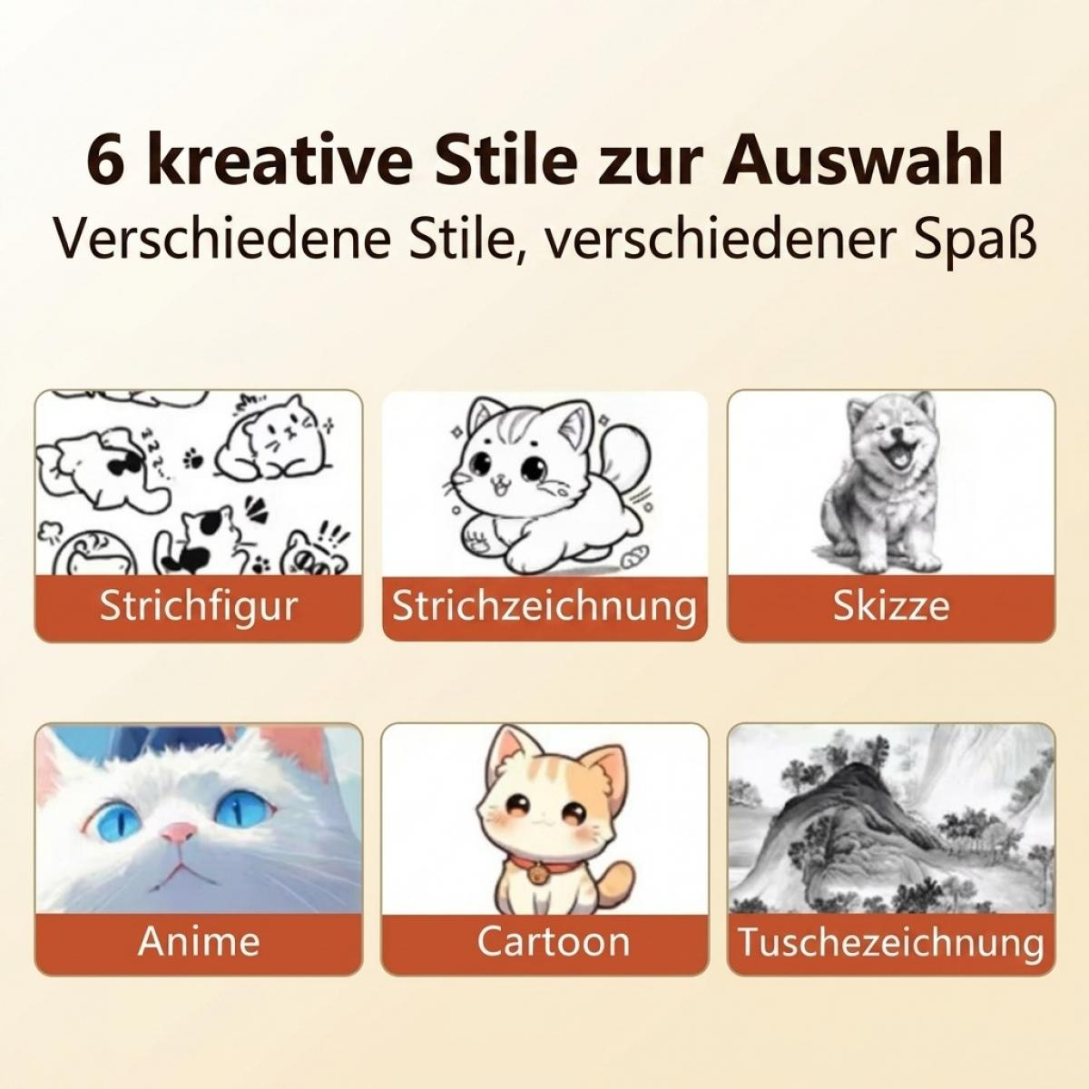 Sechs kreative Stile wie Strichfigur, Skizze, Anime, Cartoon und Tuschezeichnung zur Auswahl.