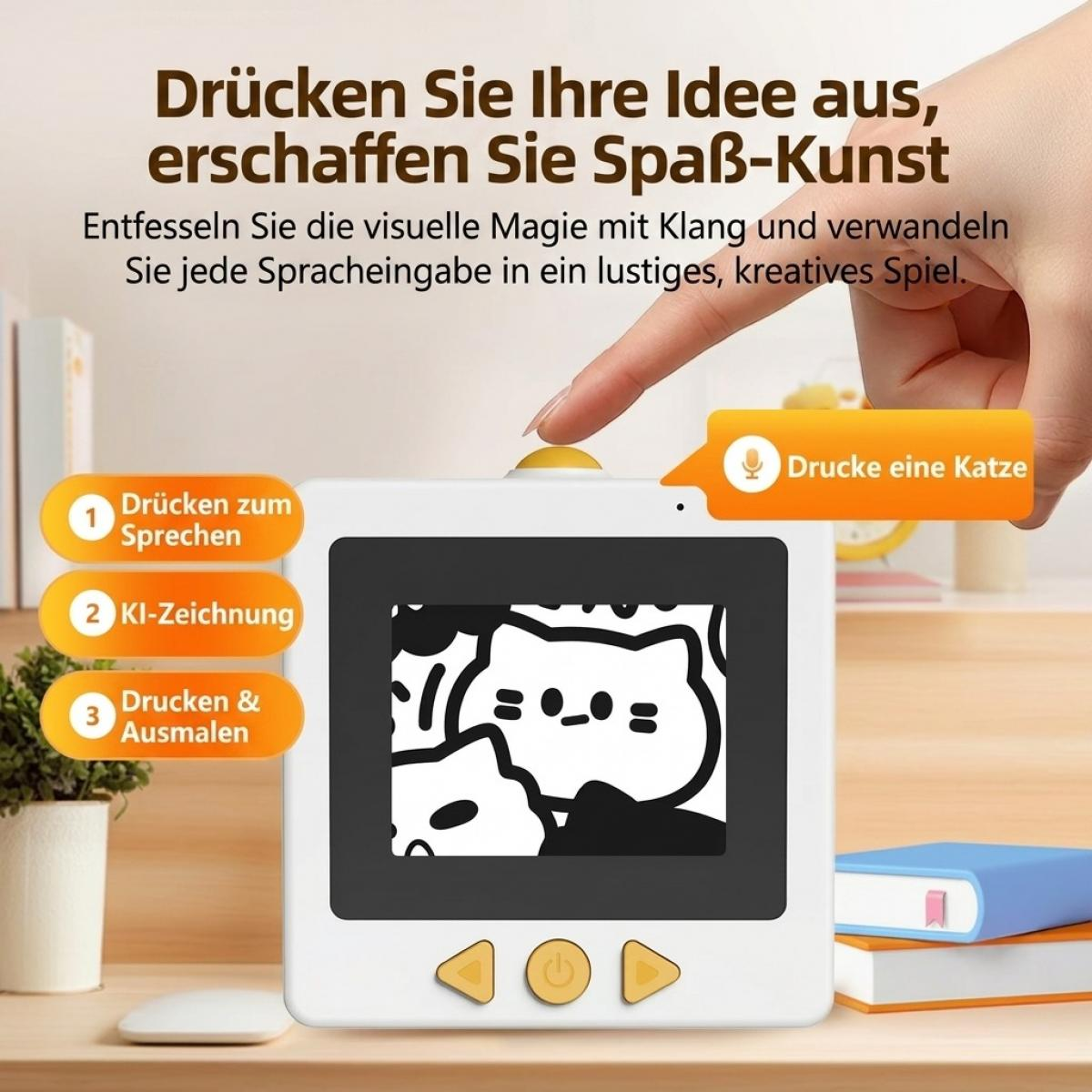 Eine Hand drückt einen Knopf auf einem weißen Gerät mit Katzenzeichnung, deutschem Text und orangen Infoboxen.