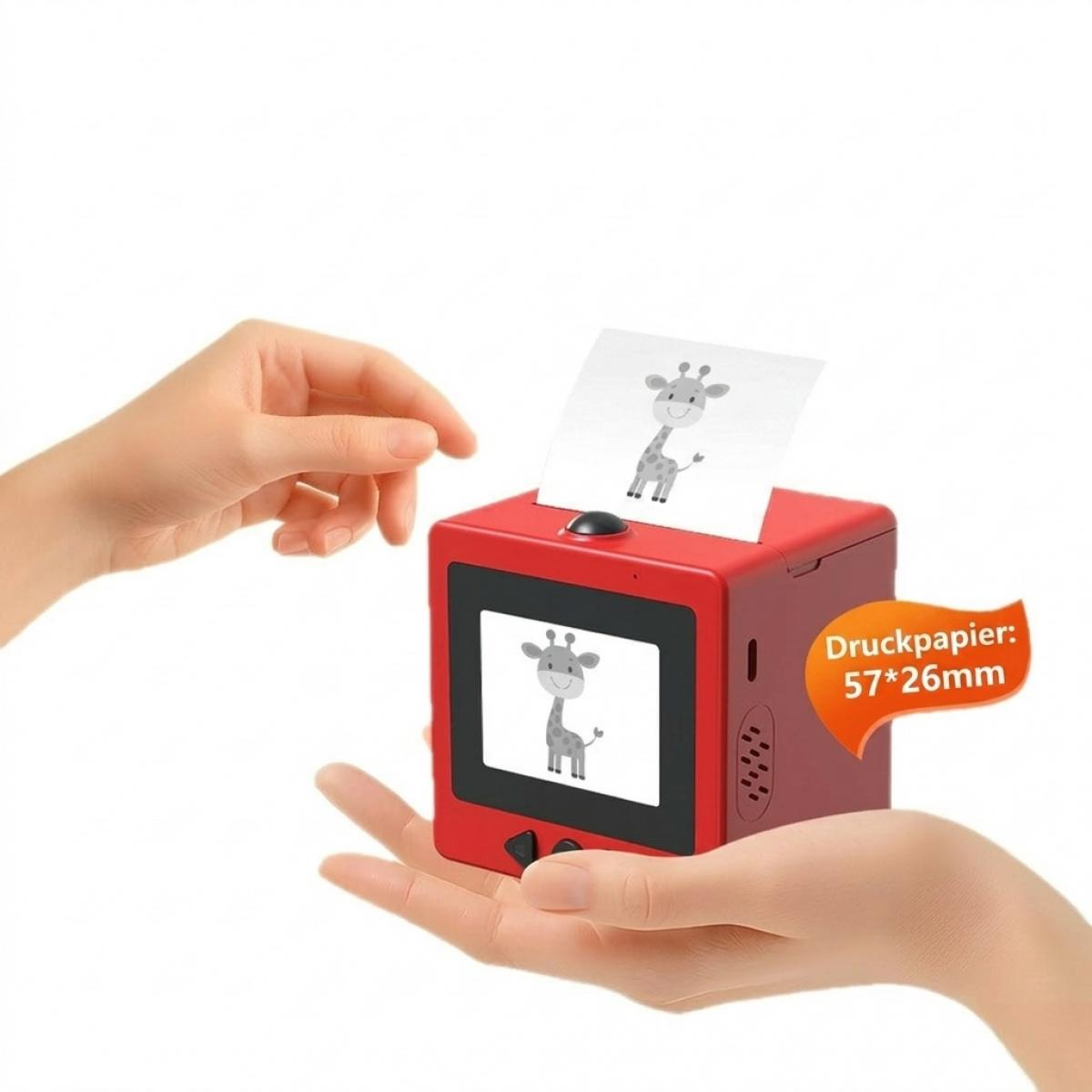 Roter Minidrucker auf Hand mit gedrucktem Giraffenbild auf Papier.