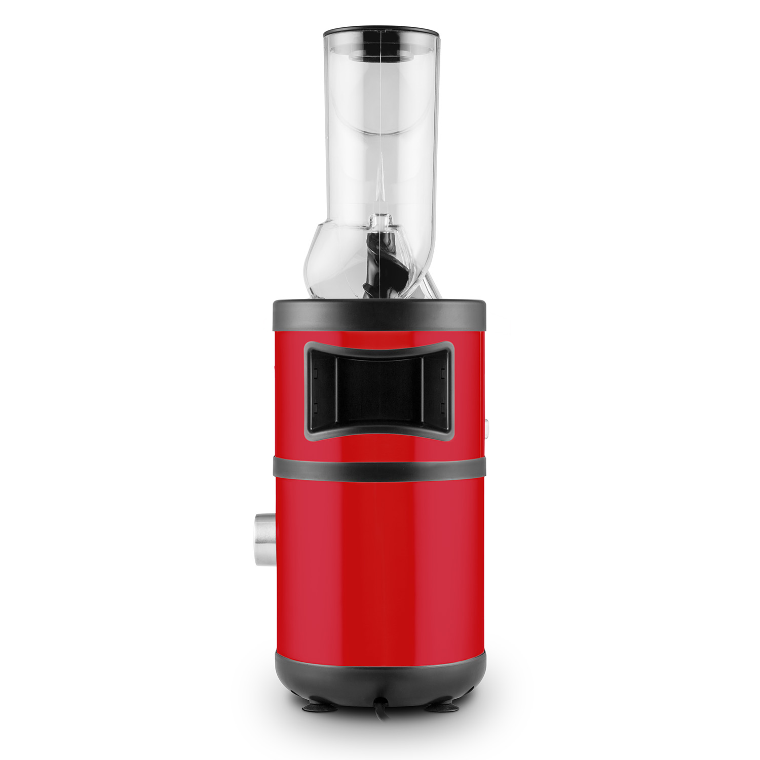 Ein rot-schwarzer elektrischer Entsafter mit transparentem Plastikbehälter oben, weißer Hintergrund.