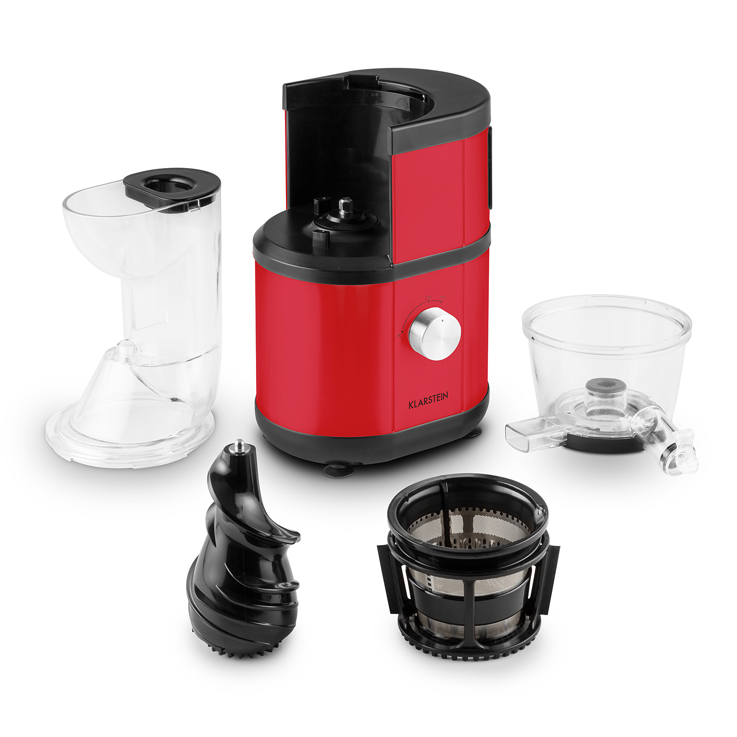Rot-schwarzer Slow Juicer mit zerlegten, klaren Plastikteilen, Schnecke und Sieb vor weißem Hintergrund.