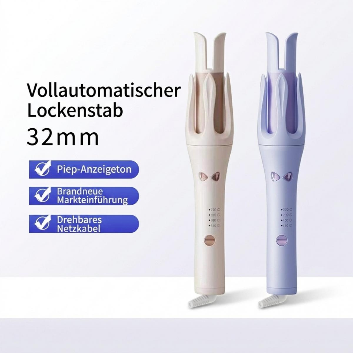 Zwei automatische Lockenstäbe in Beige und Blau mit deutscher Produktbeschreibung.