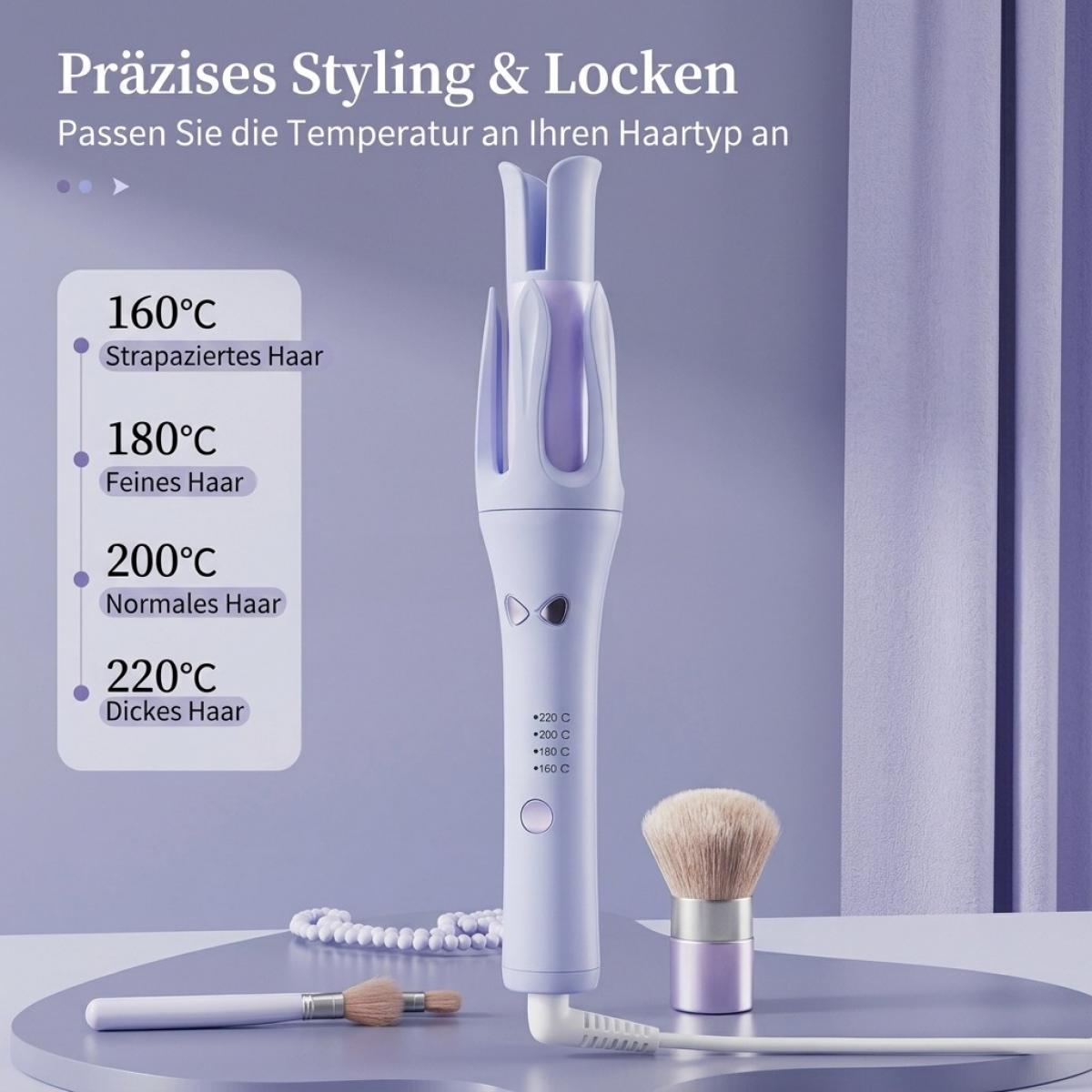 Lila Haar-Lockenstab auf einem Tisch mit Make-up-Pinseln, mit Temperaturanzeige.