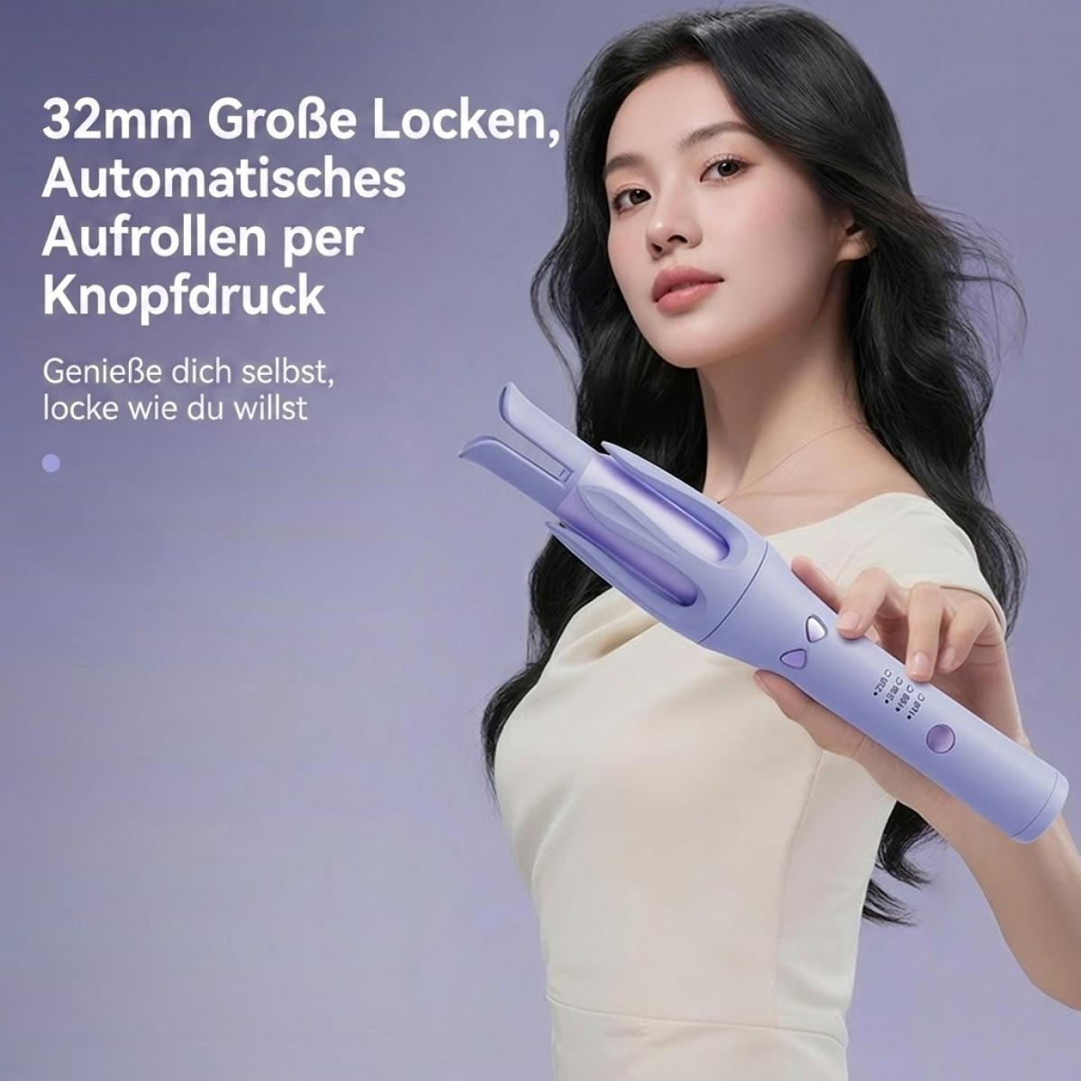 Eine Frau hält einen lila automatischen Lockenstab, mit Text auf der linken Seite vor einem lila Hintergrund.