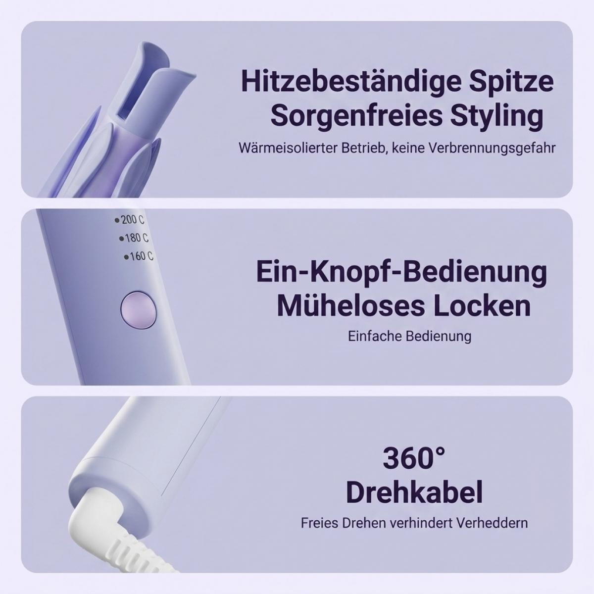 Produktmerkmale eines lila Lockenstabes mit hitzebeständiger Spitze, Ein-Knopf-Bedienung und 360-Grad-Drehkabel.