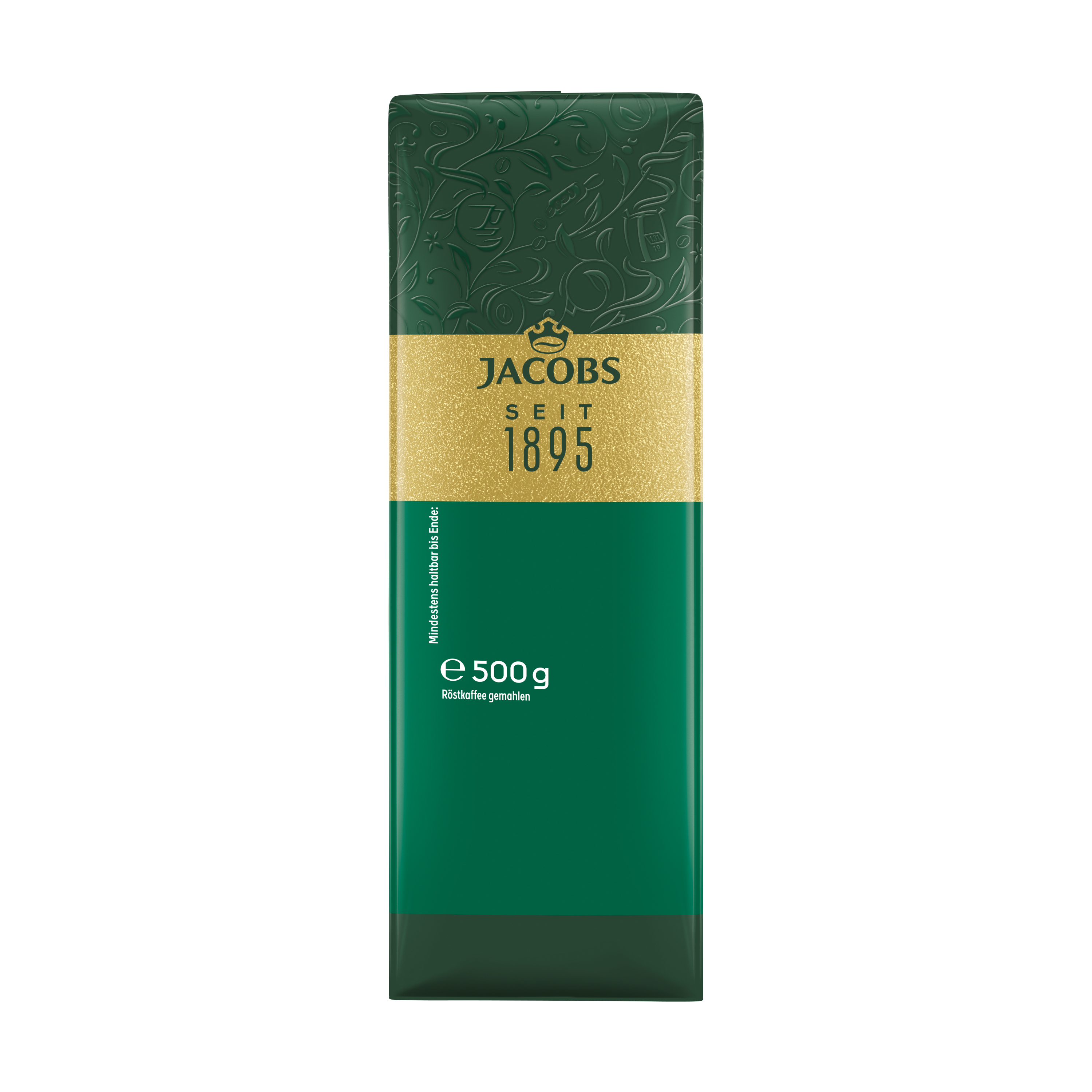 Eine grüne Jacob 1895 Kaffeeverpackung mit goldenem Logo und der Aufschrift 500 g.