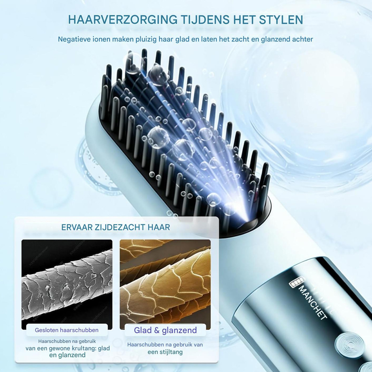 Eine Haarbürste mit blauen Lichtern und Wassertropfen, dazu zwei Mikroskopaufnahmen von glattem Haar.