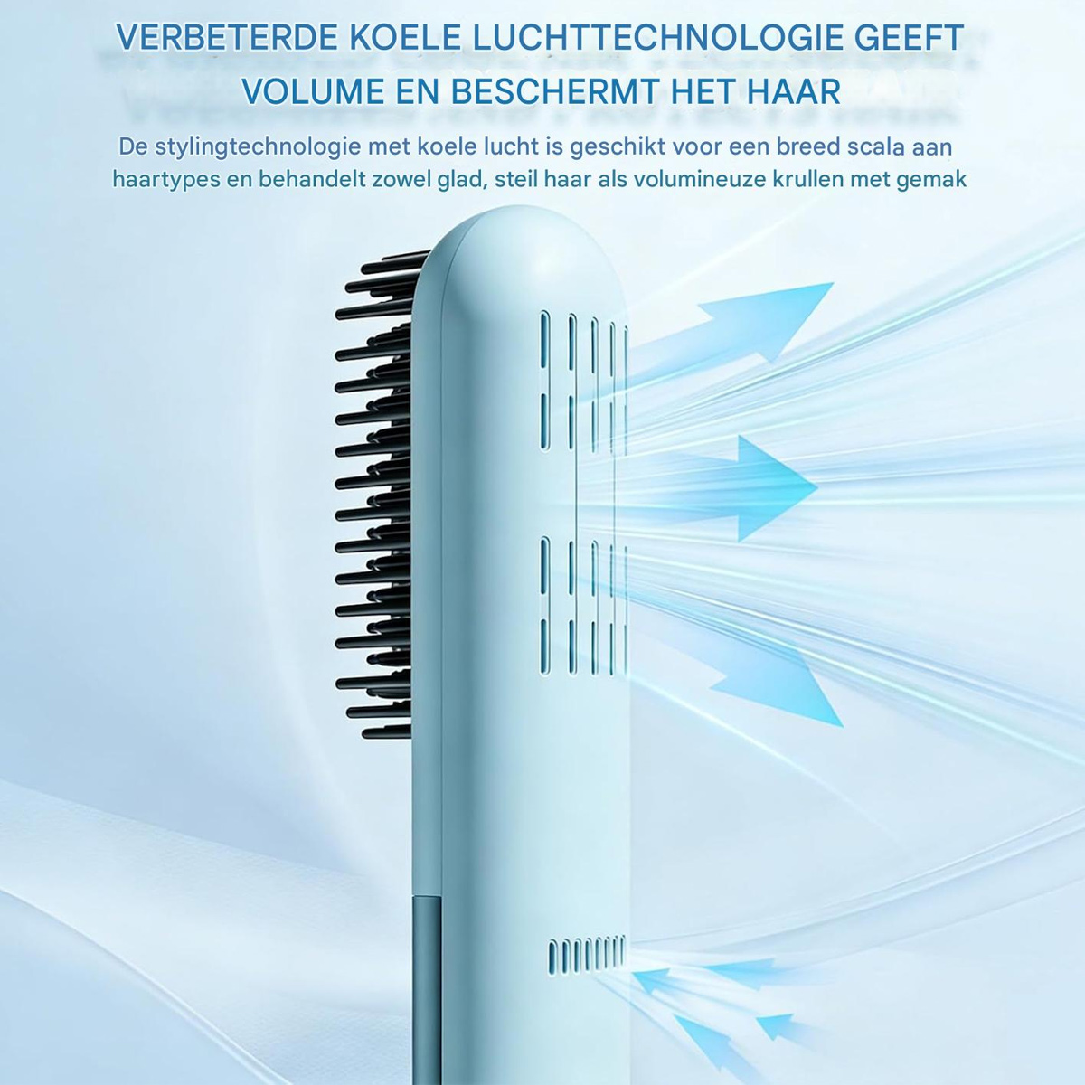 Blaue Haarbürste bläst kühle Luft mit blauen Pfeilen als Symbol für Stylingtechnologie und Haarschutz.