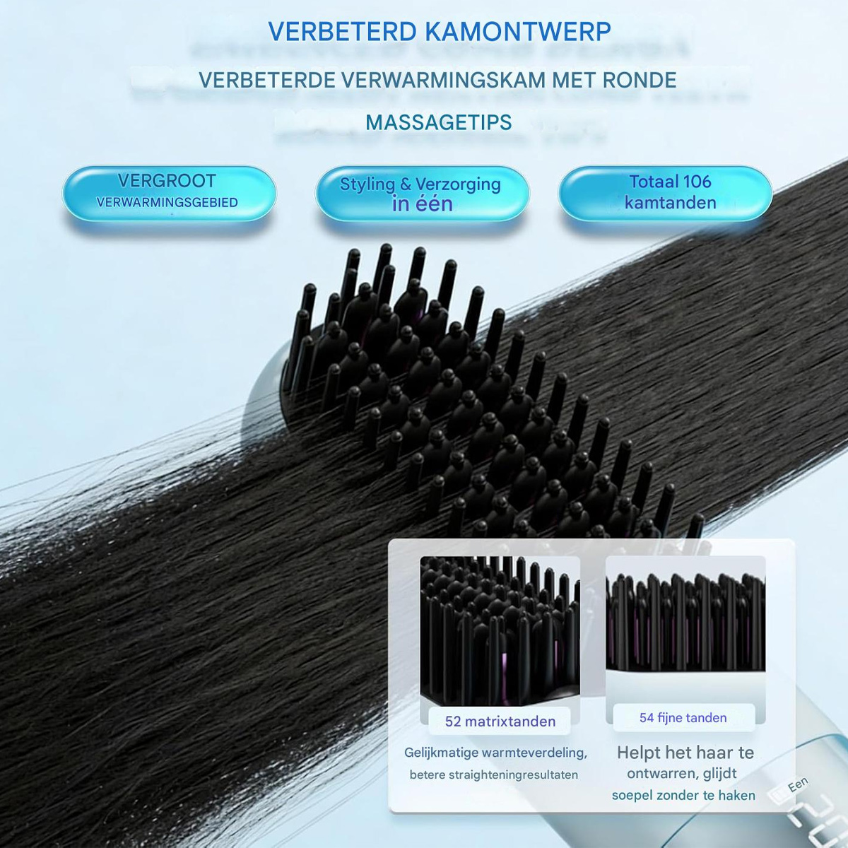 Glättungsbürste mit langen schwarzen Haaren, Infotexten und zwei Detailbildern der Borsten.