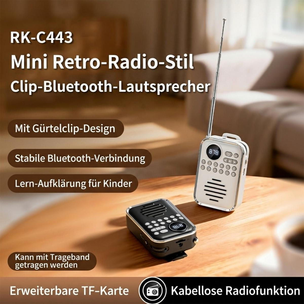 Zwei kleine Retro-Radios mit Bluetooth und Clip auf Holz Tisch.