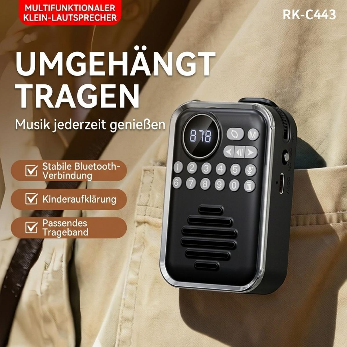Ein schwarzer tragbarer Lautsprecher mit Zifferntasten und einem kleinen Bildschirm, an Kleidung geklemmt.