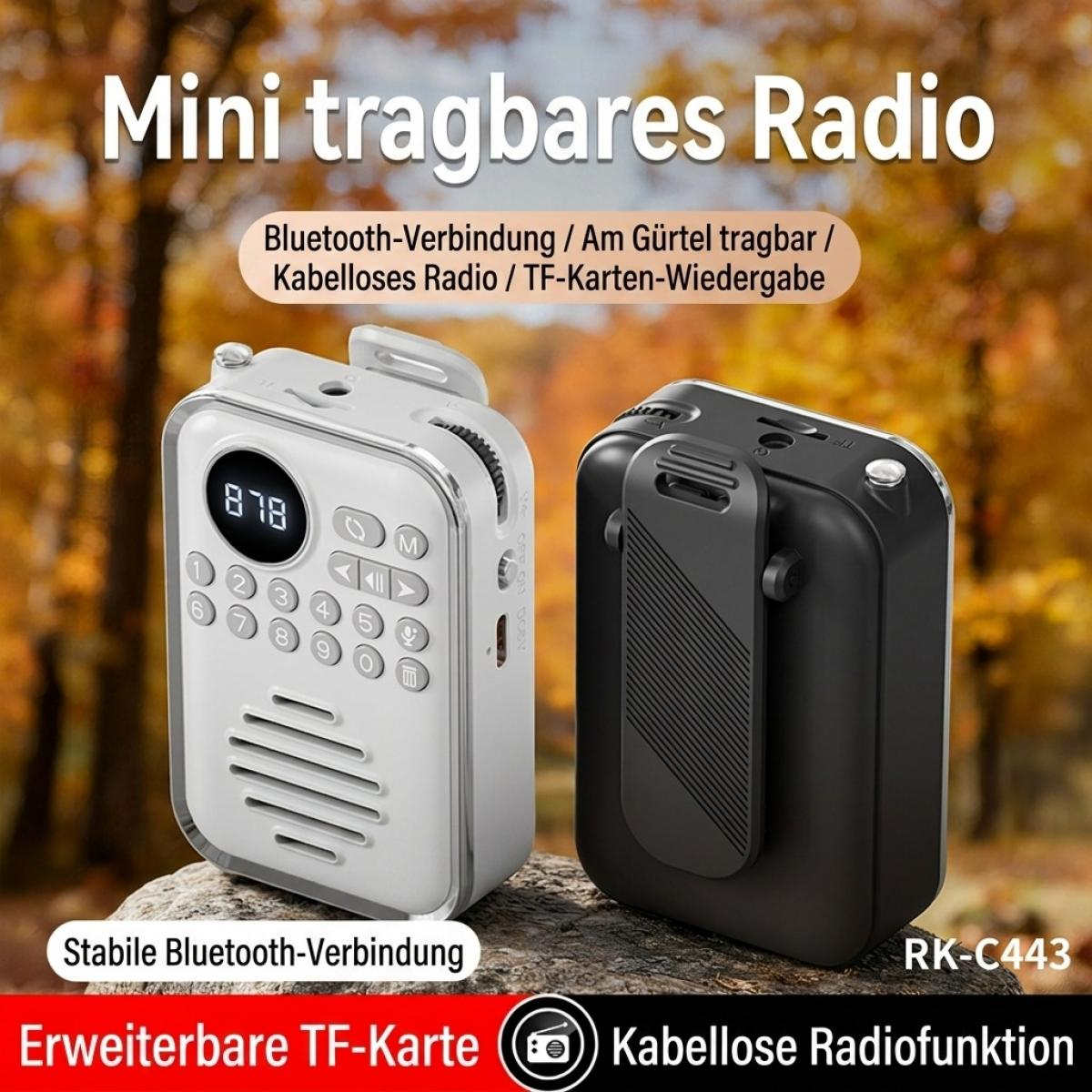 Zwei kleine tragbare Radios in Weiß und Schwarz auf einem Stein vor Herbstlaub, mit Text über Bluetooth und TF-Karten.