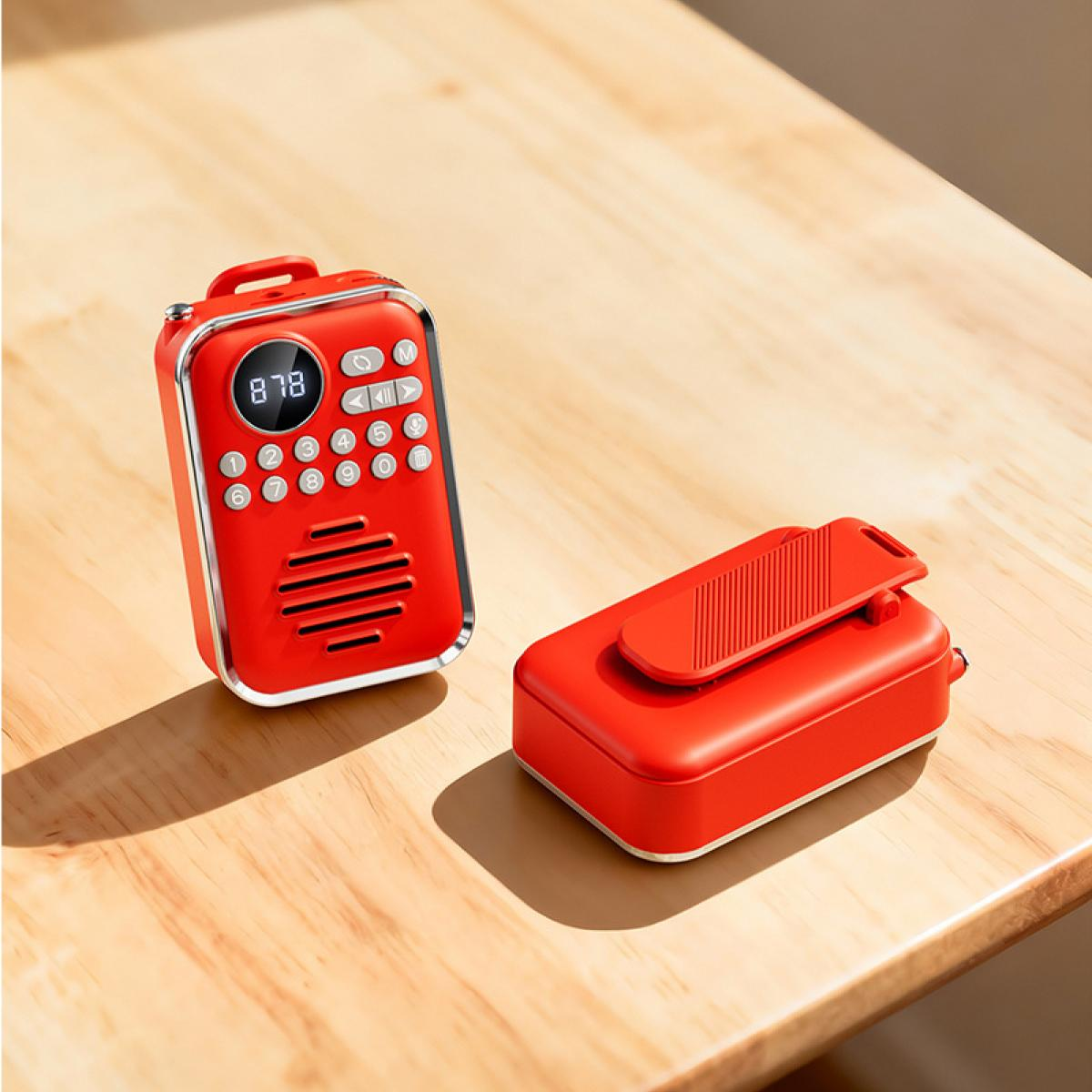 Zwei rote Taschenradios mit Tasten und Display auf einem Holztisch.