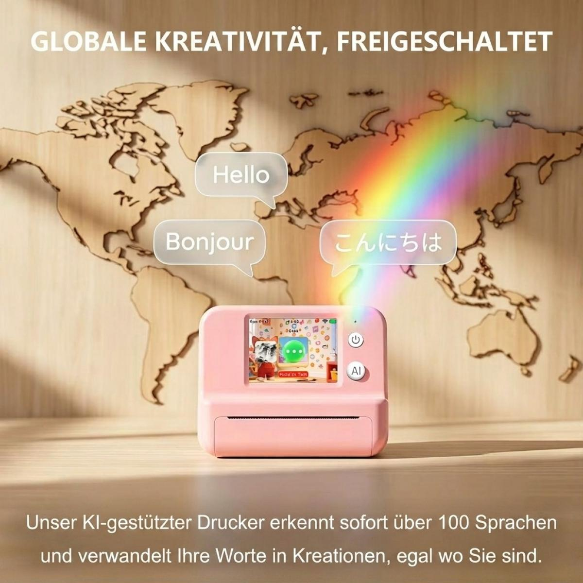 Ein rosafarbener Drucker vor einer Weltkarte projiziert einen Regenbogen mit mehrsprachigen Sprechblasen.