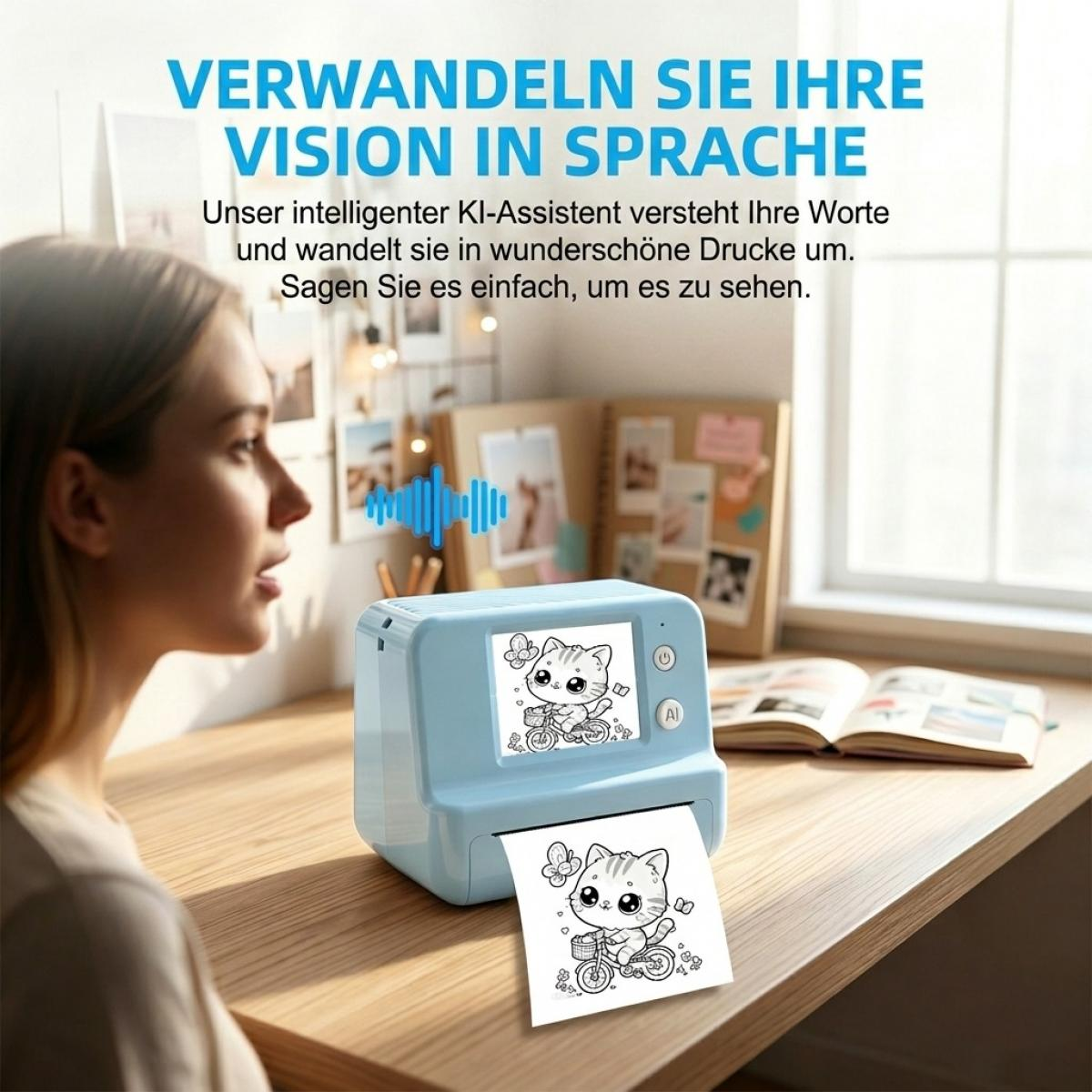 Eine Frau spricht zu einem blauen Mini-Drucker, der ein Bild einer Katze auf einem Fahrrad ausdruckt.