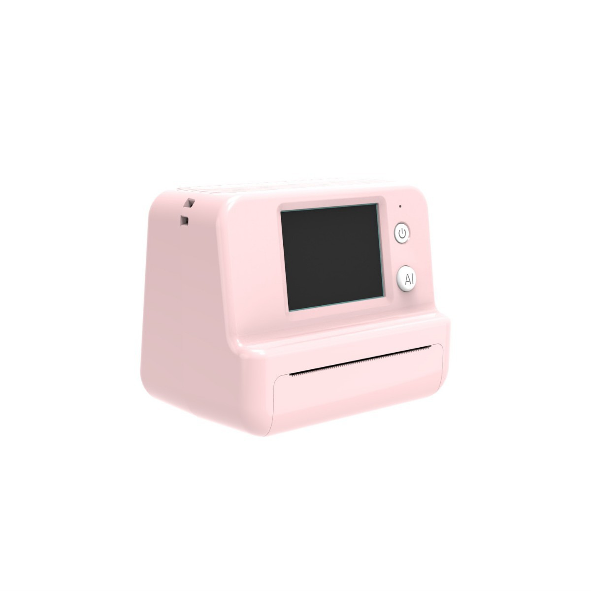 Ein kleiner, rosa Mini-Drucker mit einem Bildschirm und zwei Tasten auf einer weißen Oberfläche.