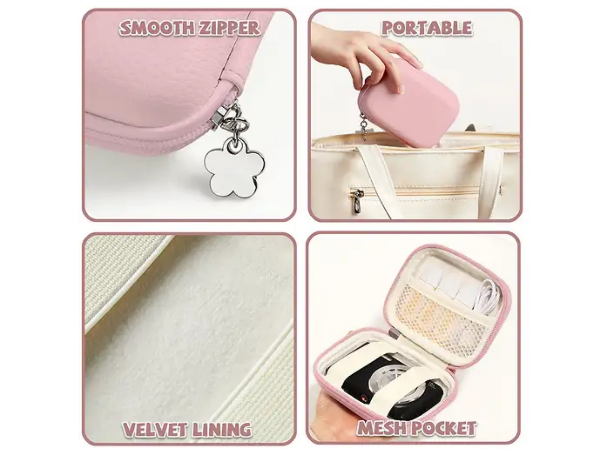 Vier Bilder einer kleinen rosa Tasche mit Reißverschluss, samtigem Futter und Netztasche für Zubehör.