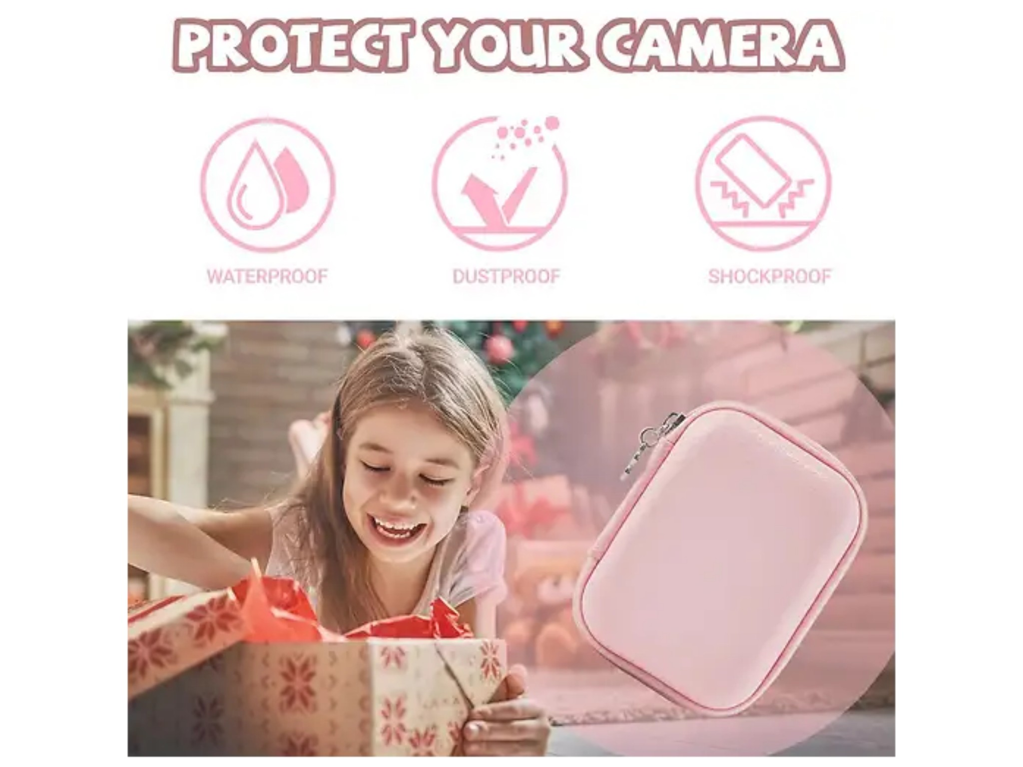 Ein glückliches Mädchen öffnet ein Geschenk neben einer rosa Kameratasche und Icons für Schutz.