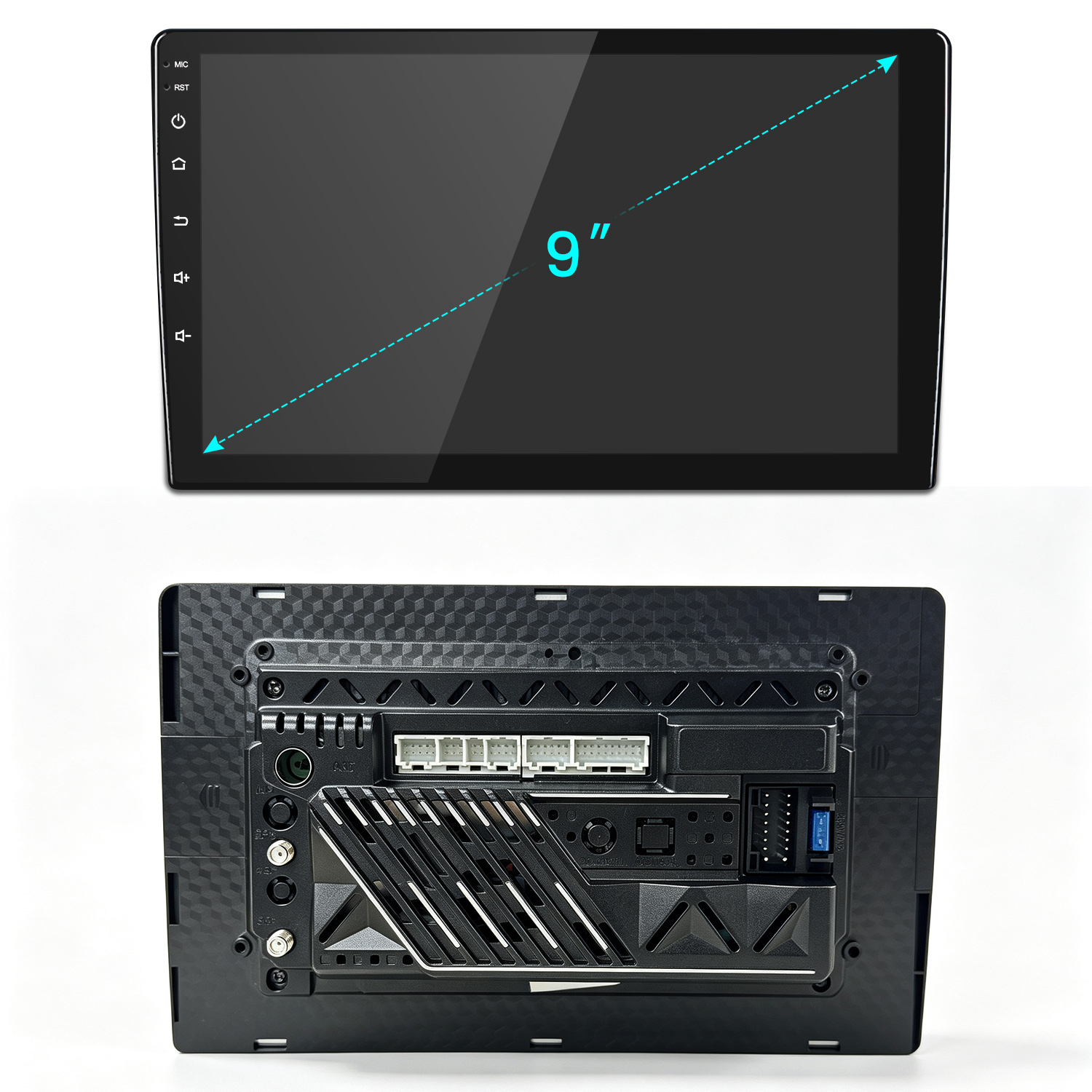 Vorder- und Rückseite eines schwarzen 9-Zoll-Auto-Multimediasystems mit Anschlüssen und Kühlrippen.