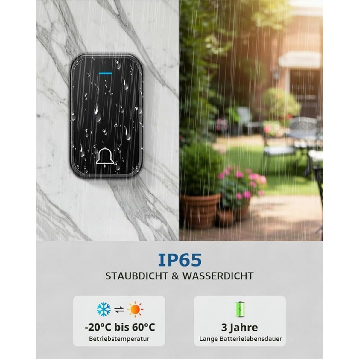 Wasserdichte IP65 Klingel im Regen auf Marmorwand mit Garten im Hintergrund.