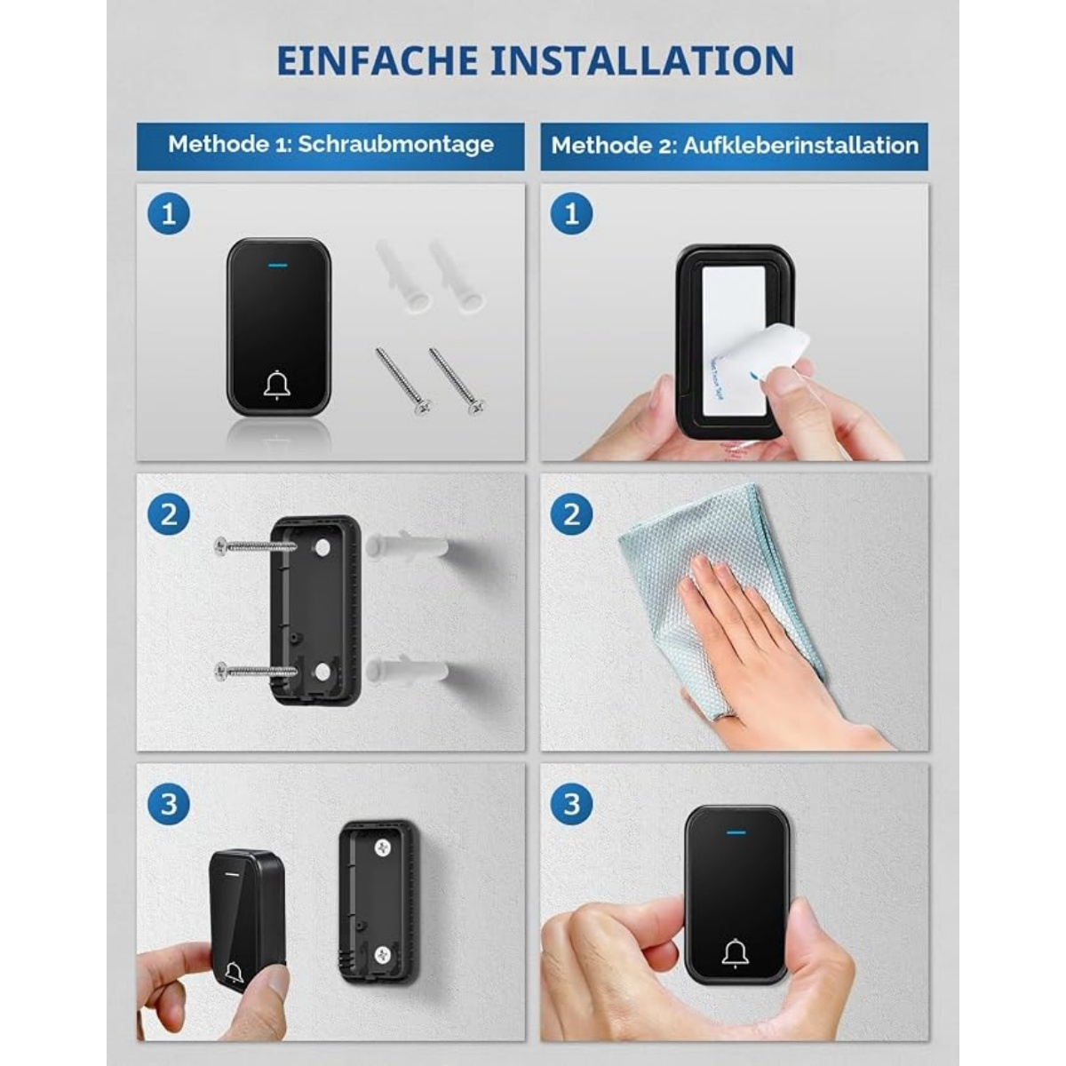 Anleitung zur Installation einer Türklingel mit Schrauben oder Klebeband.