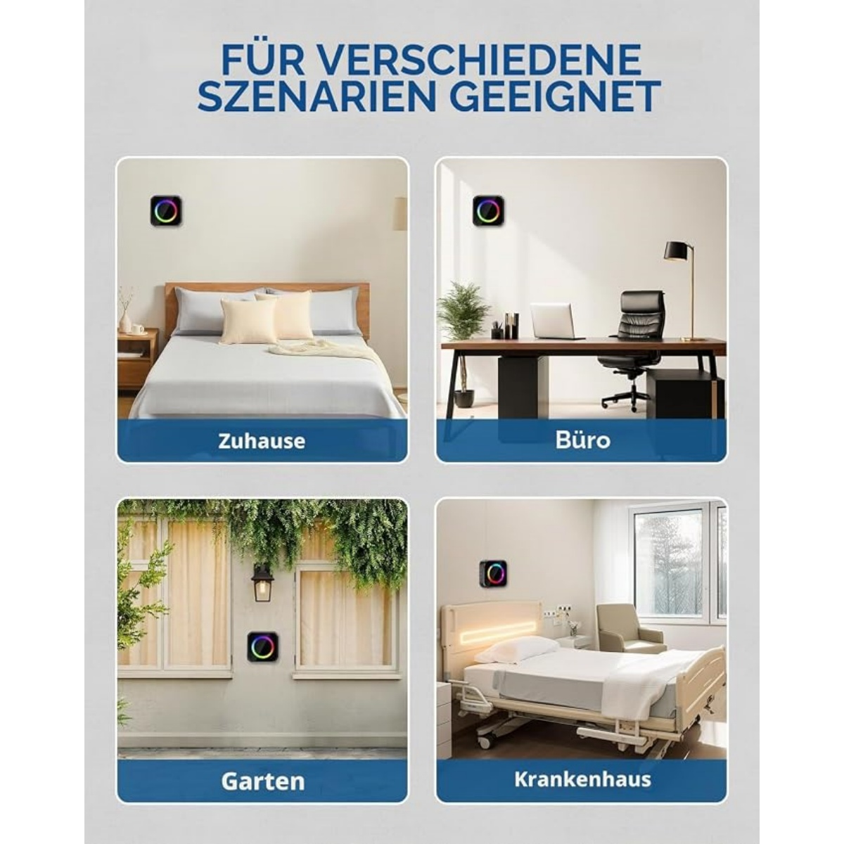 Vier Bilder zeigen ein Smart-Gerät an Wänden in verschiedenen Räumen: Schlafzimmer, Büro, Garten und Krankenhaus.