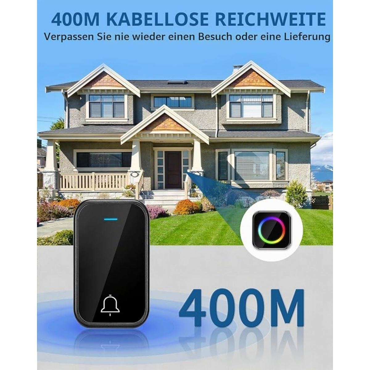 Kabellose Klingel mit 400m Reichweite vor einem großen Haus.