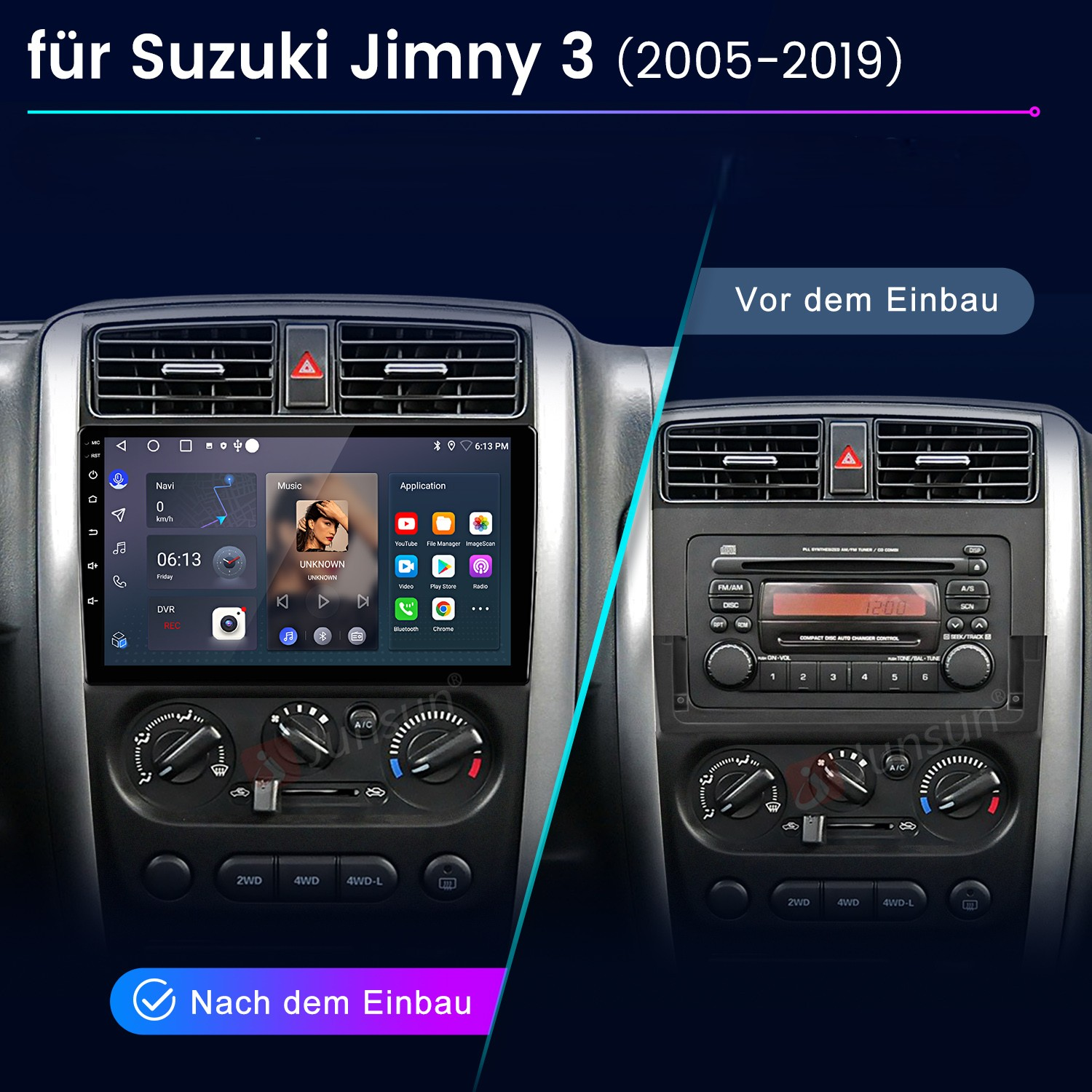 Vergleich Suzuki Jimny 3 Armaturenbrett vor und nach dem Einbau eines Touchscreen-Autoradios.