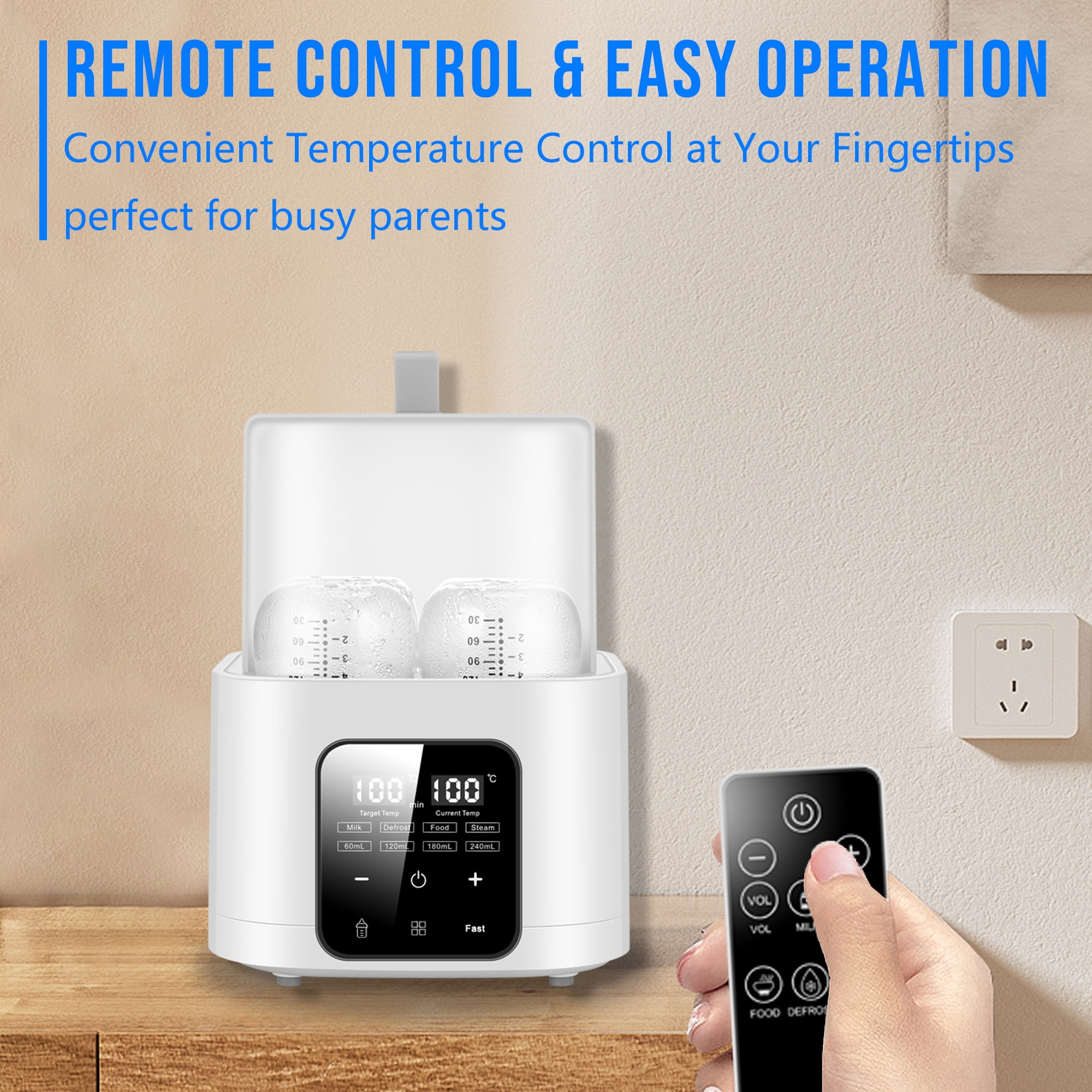 Ein weißer Flaschenwärmer mit zwei Flaschen, digitalem Display und einer Hand mit Fernbedienung daneben.