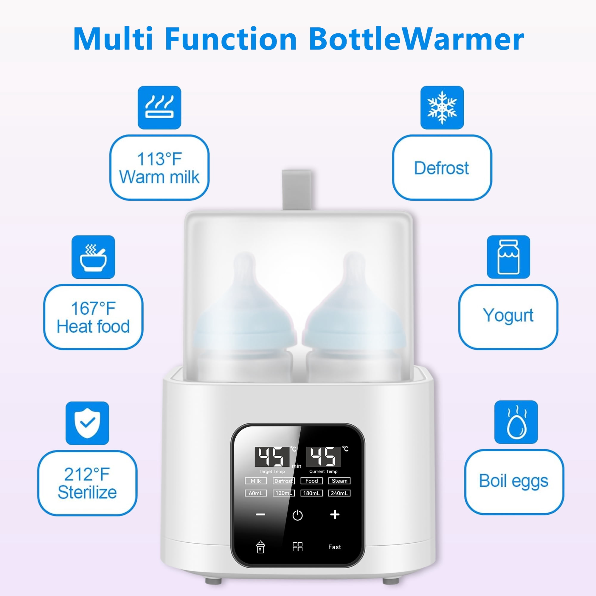 Multi-Flaschenwärmer mit zwei Flaschen, digitalem Display und Funktionssymbolen für Milch, Tauen, Joghurt, Eier.