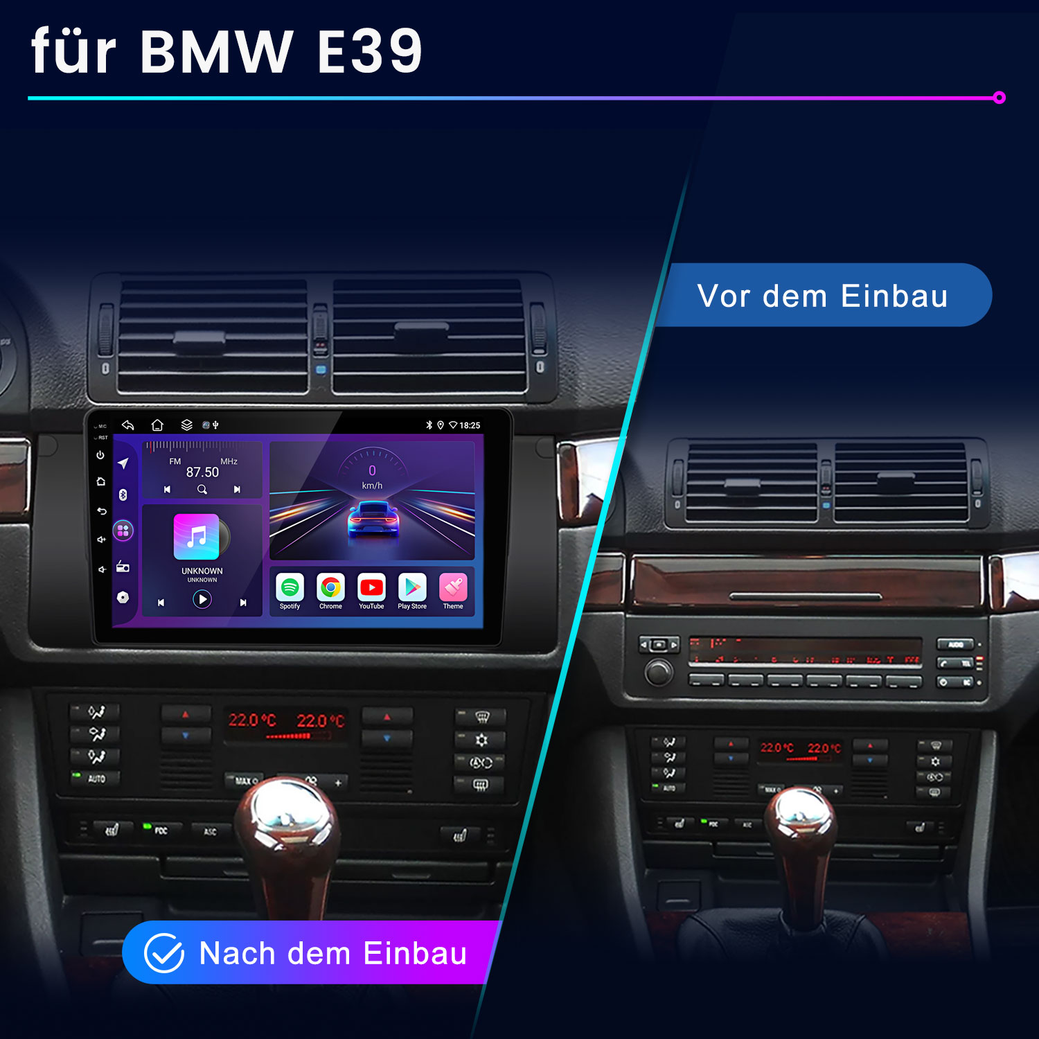 Vergleich eines BMW E39 Armaturenbretts vor und nach der Installation eines modernen Infotainment-Touchscreen-Radios.