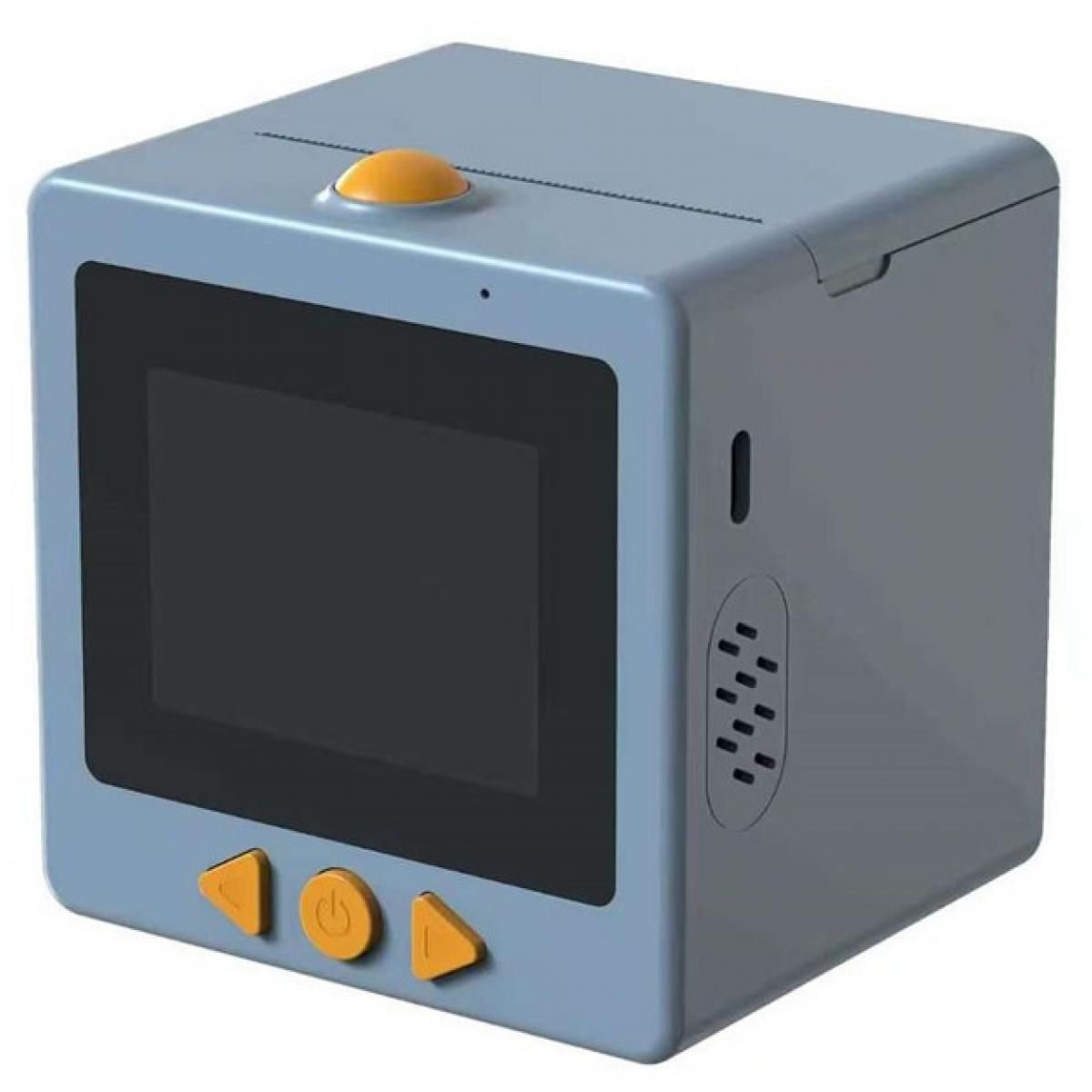 Blauer quadratischer Apparat mit schwarzem Bildschirm und orangen Knöpfen.
