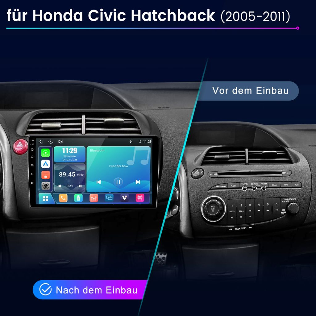 Vergleich eines Honda Civic Armaturenbretts vor und nach dem Einbau eines Touchscreen-Radios.