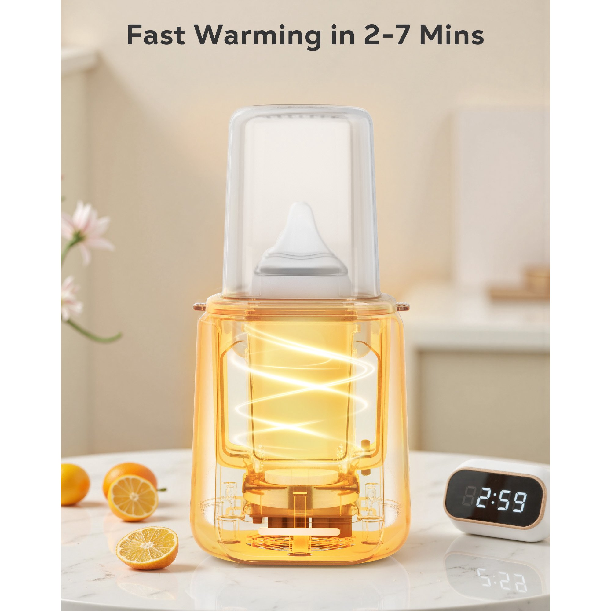 Ein orange-transparentes Flaschenwärmegerät auf einem Tisch mit Zitronen und einer Uhr, Text oben.