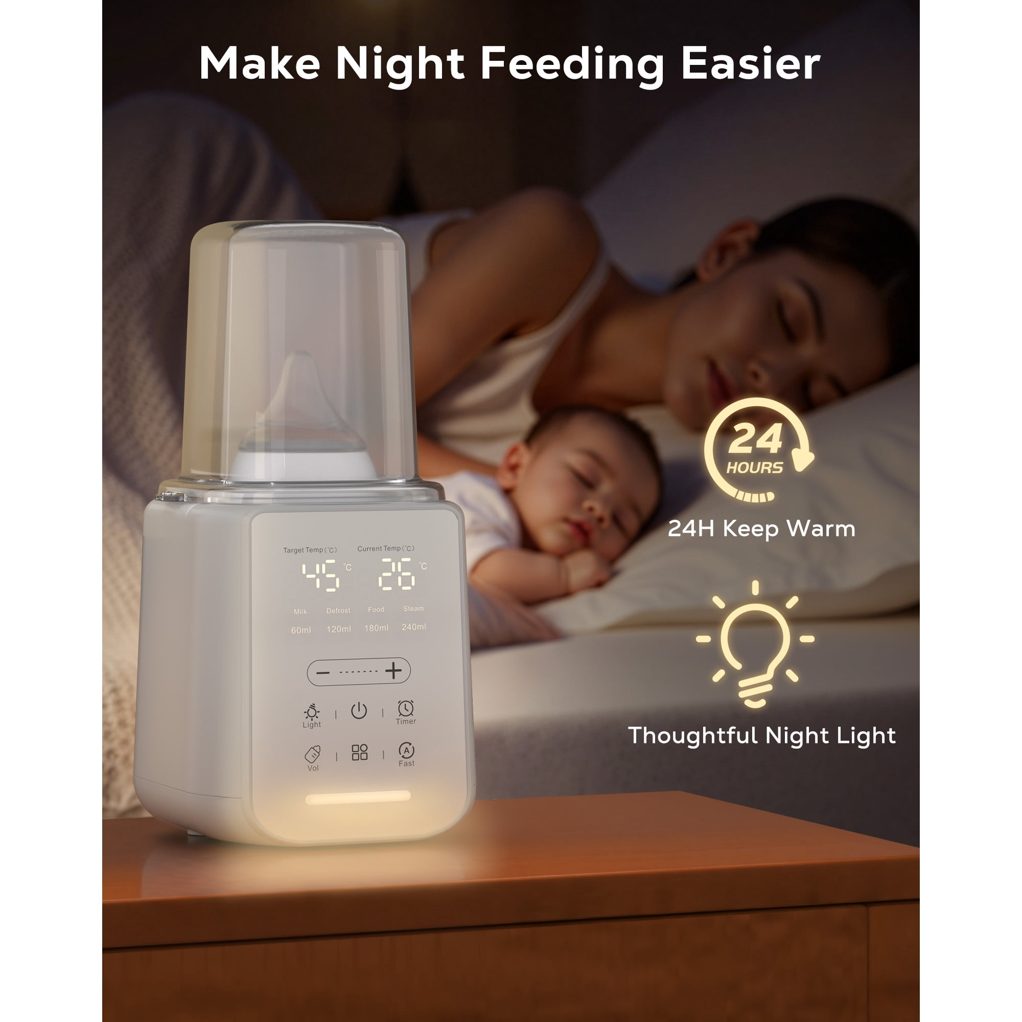 Ein weißer Flaschenwärmer auf einem Nachttisch, im Hintergrund schlafen Mutter und Baby friedlich.