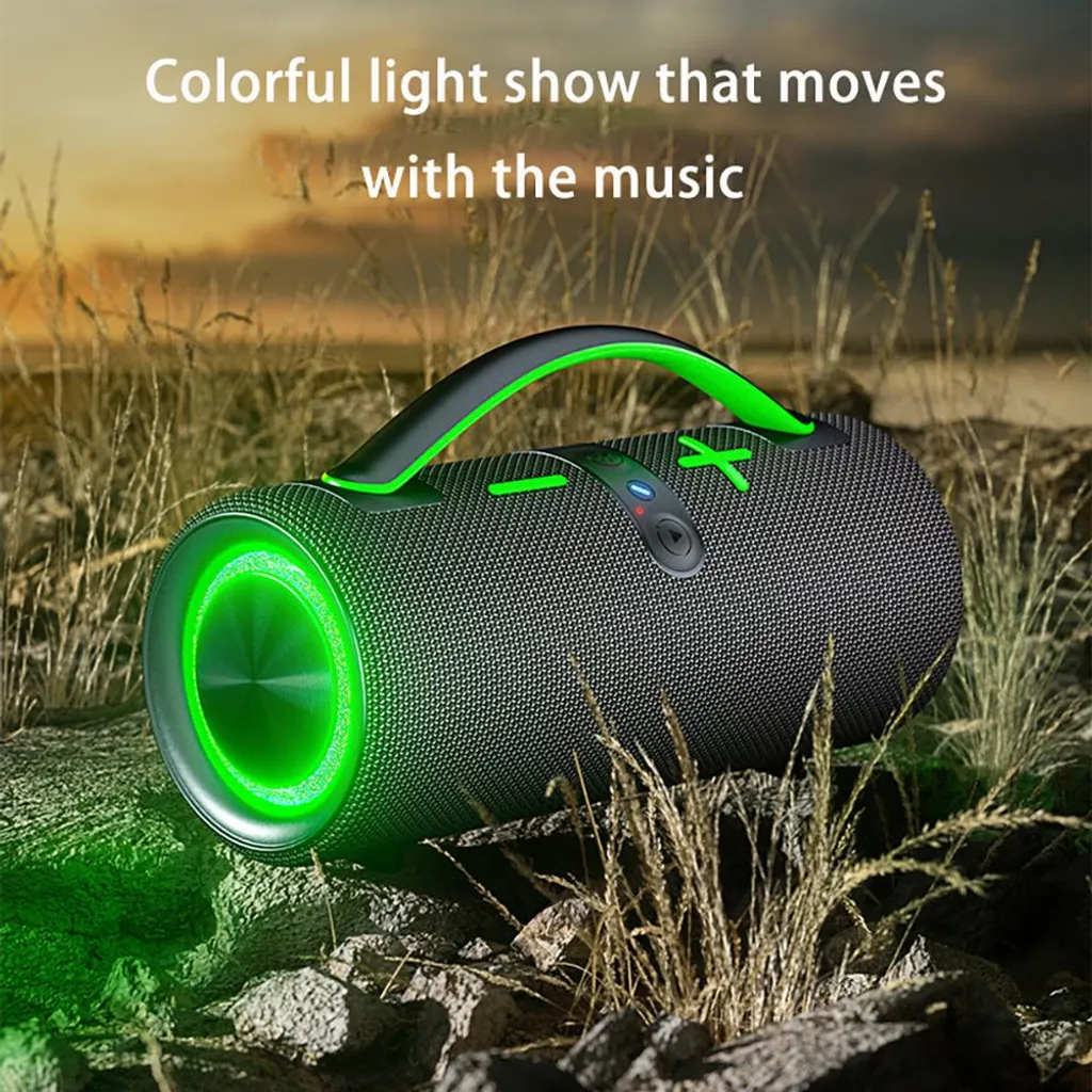 Ein schwarzer tragbarer Bluetooth-Lautsprecher mit grünem Licht sitzt auf felsigem Boden mit trockenem Gras.
