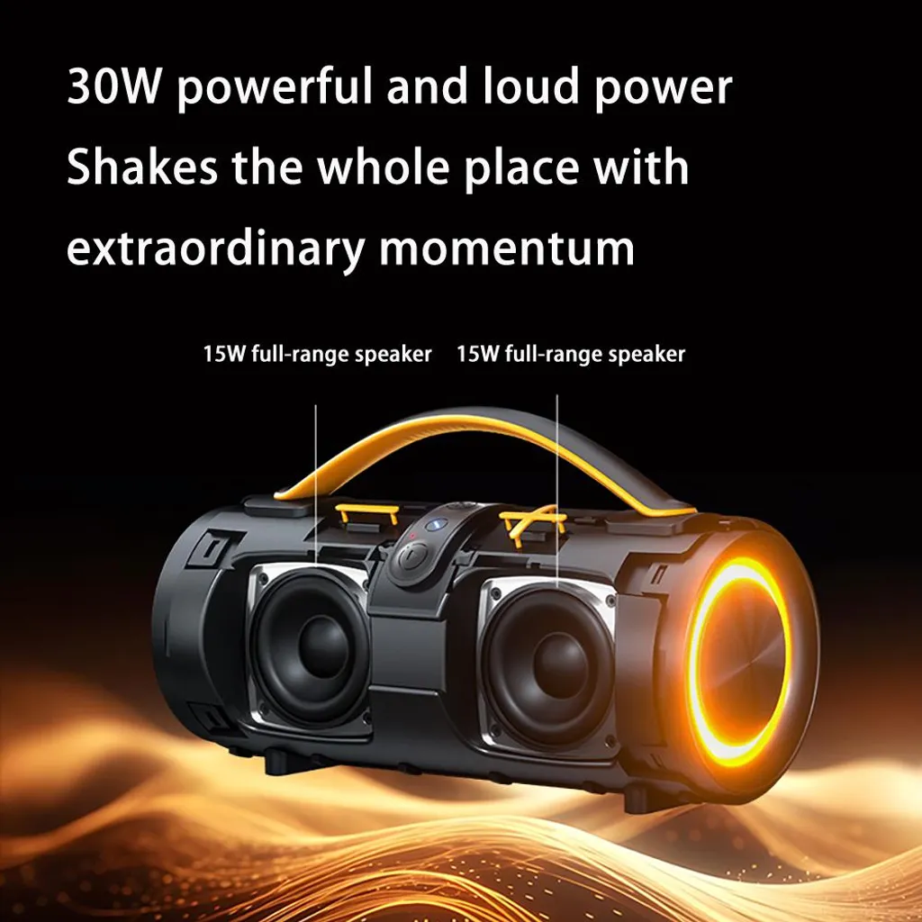 Ein schwarzer 30W Bluetooth-Lautsprecher mit zwei 15W Treibern, gelbem Griff und leuchtend orangen Ringen.