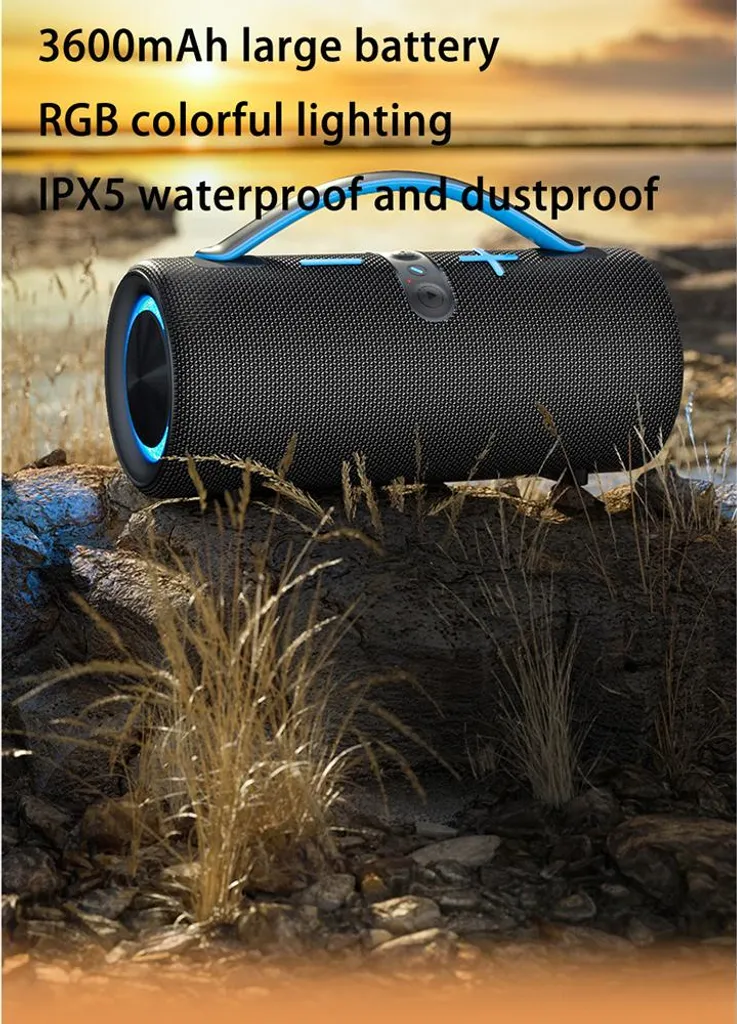 Ein schwarzer, tragbarer Bluetooth-Lautsprecher liegt auf felsigem Boden mit hohem Gras vor Sonnenuntergang.