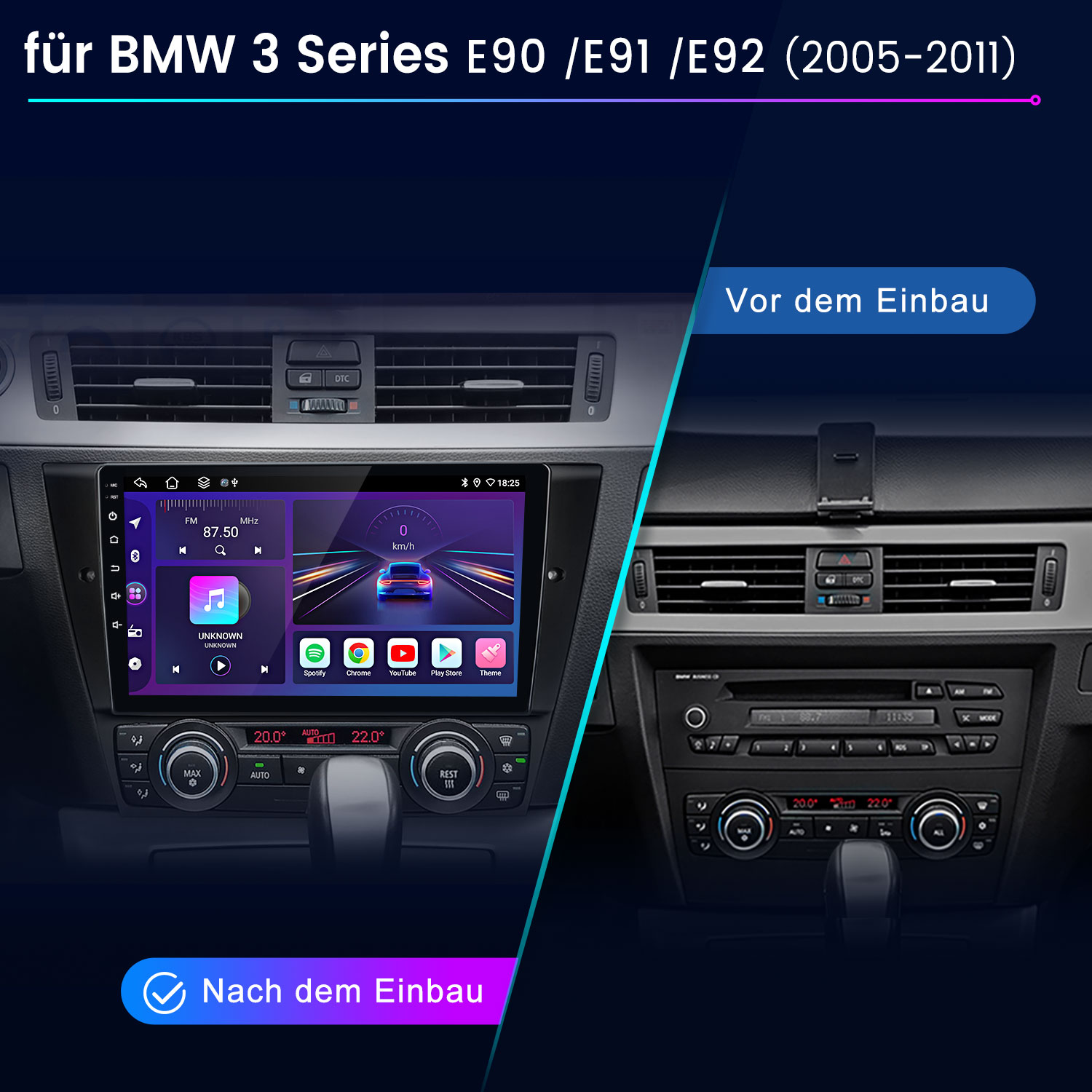 Vergleich eines BMW-Armaturenbretts vor und nach dem Einbau eines modernen Touchscreen-Infotainmentsystems.