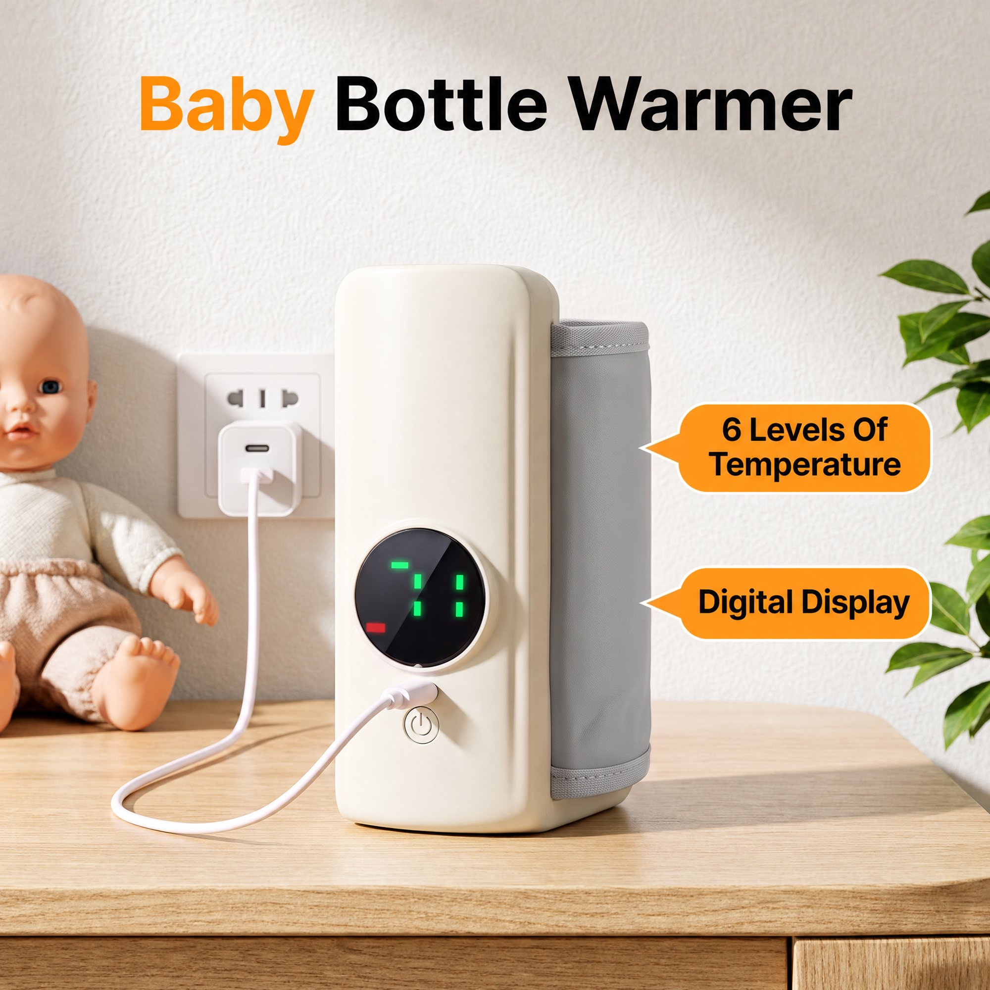 Ein beiger Babyflaschenwärmer mit Digitaldisplay steht auf einem Holztisch, links eine Puppe, rechts eine Pflanze.