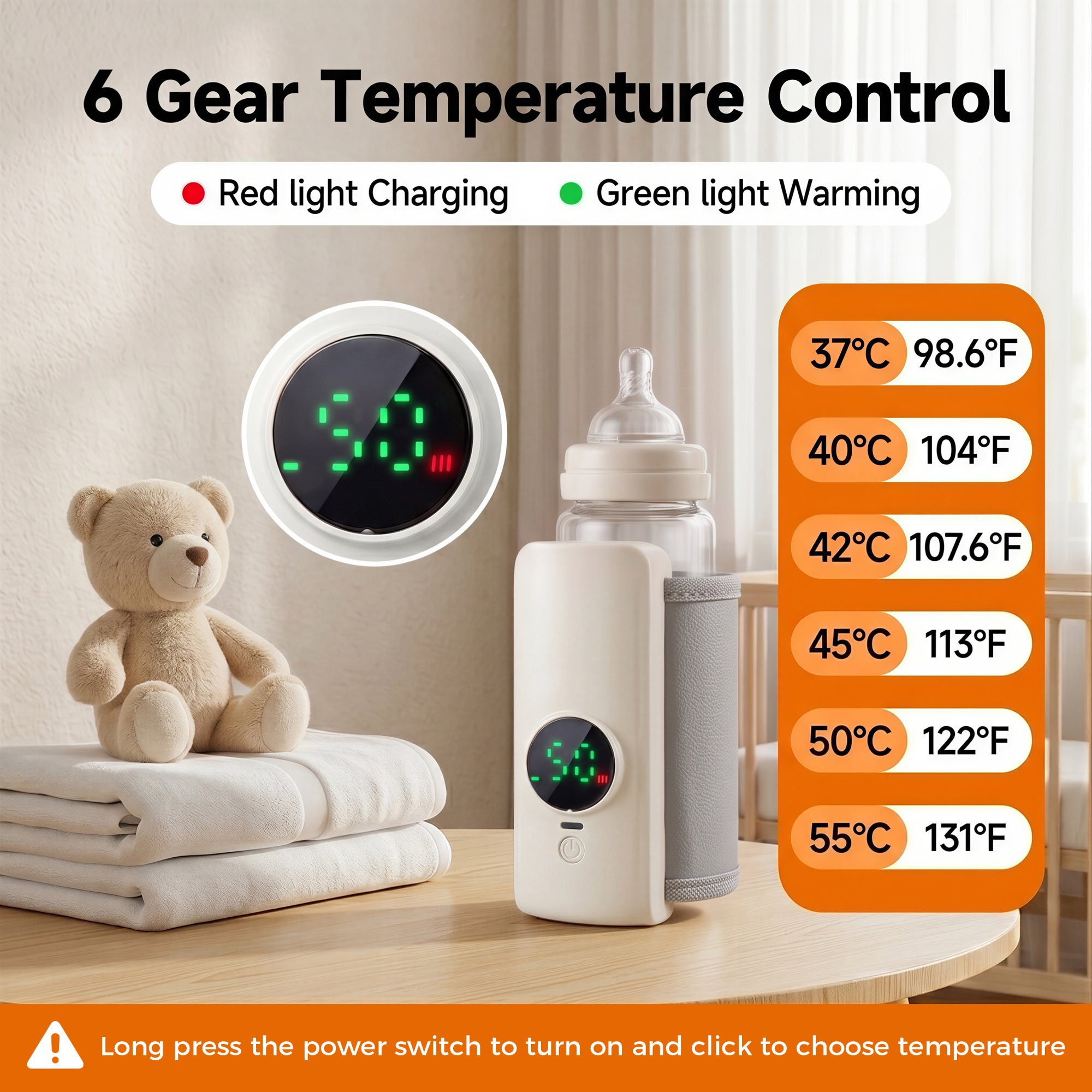 Ein intelligenter Fläschchenwärmer mit Digitaldisplay, Temperatureinstellungen und Teddybär.