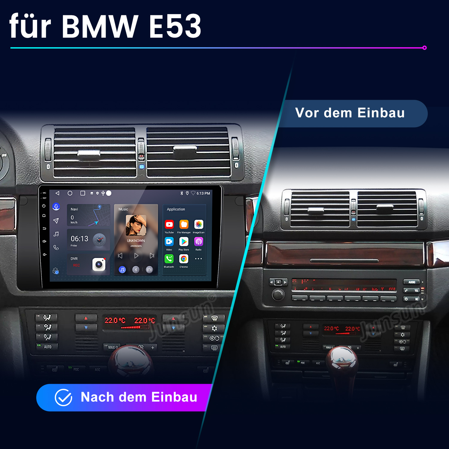 Vergleich der BMW E53 Mittelkonsole vor und nach dem Einbau eines neuen Infotainmentsystems.