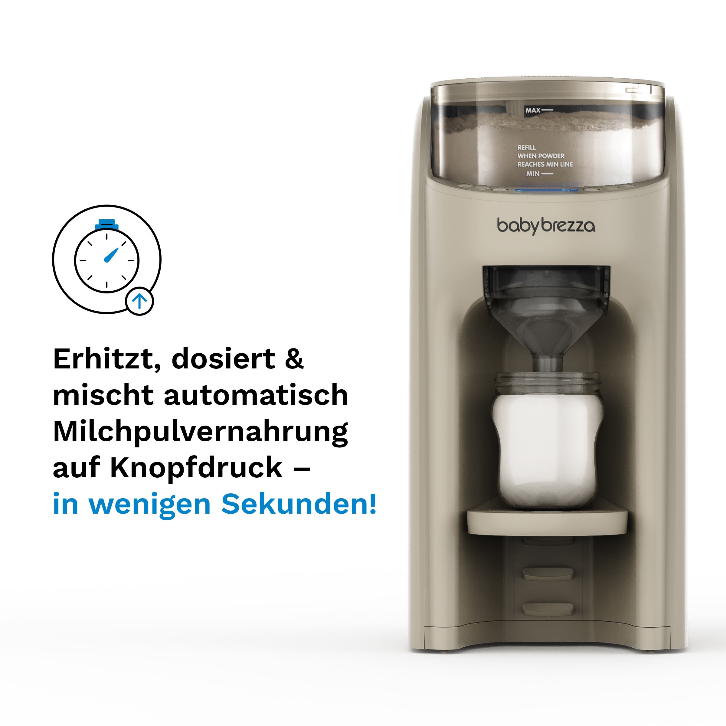 Beige Baby Brezza Milchpulver-Automat mit Flasche und Text.