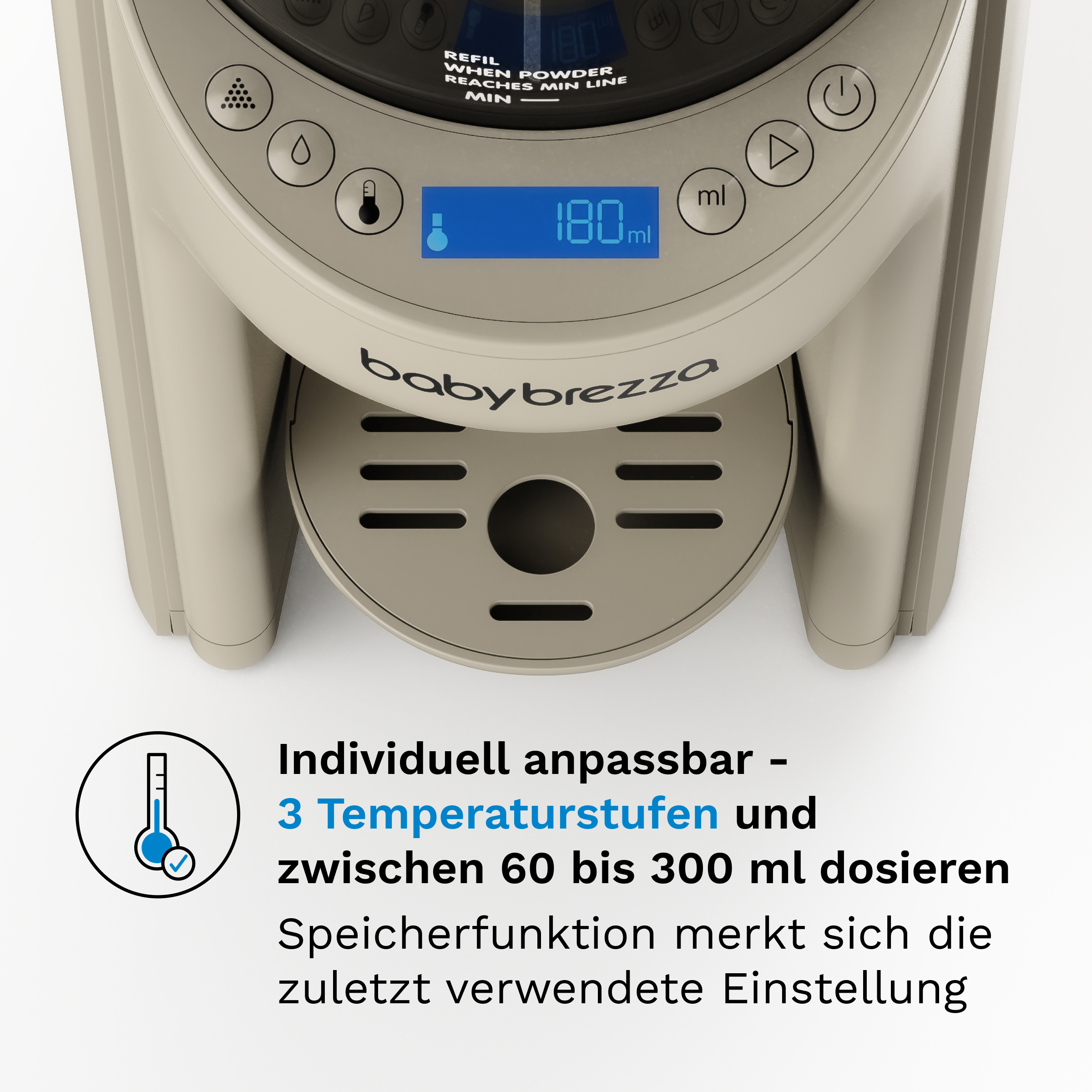 Beige Babybrezza Maschine mit Display, das 180 ml anzeigt, und Text zur individuellen Anpassung.
