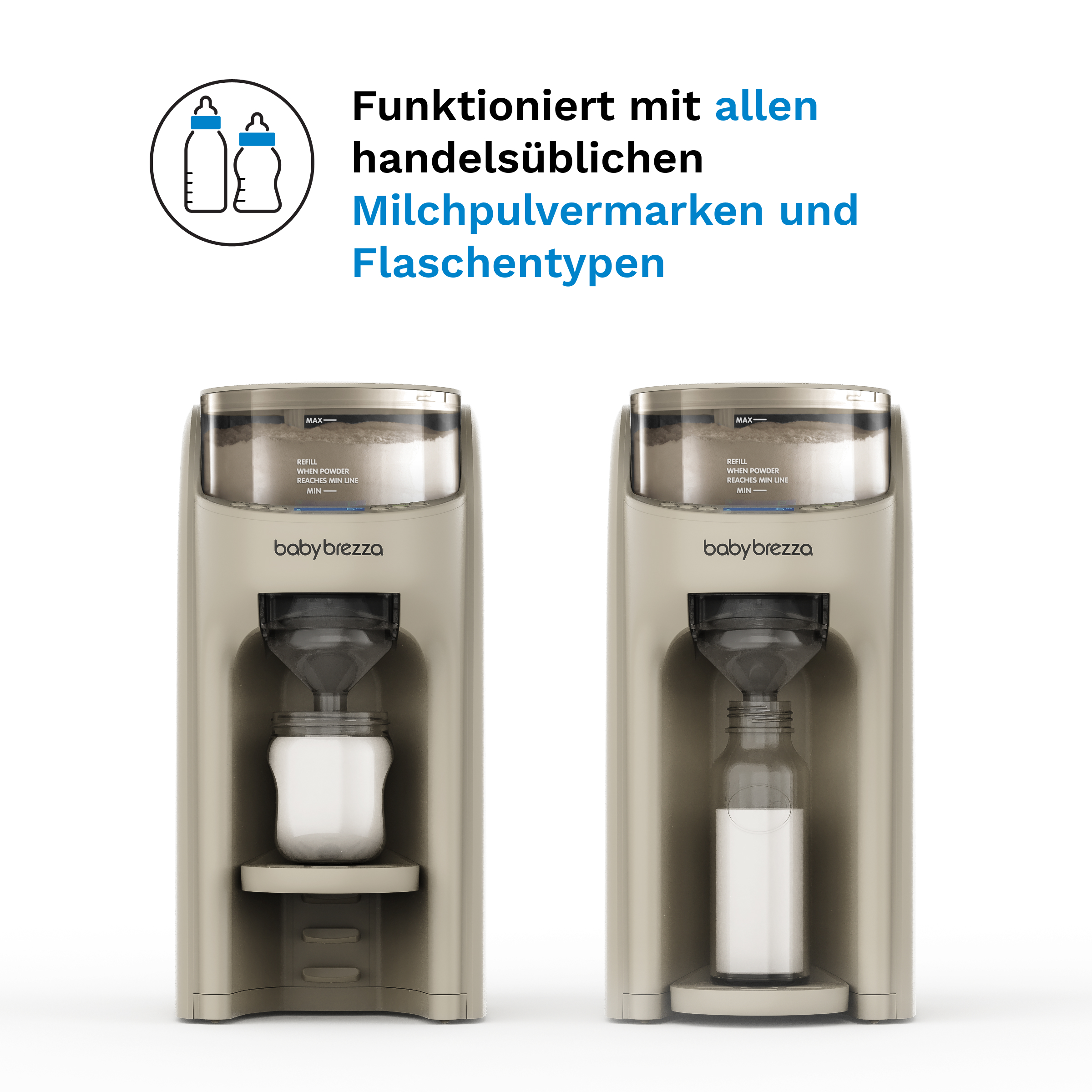 Zwei Babybrezza Milchpulver-Automaten mit unterschiedlichen Flaschen und deutschem Werbetext oben.