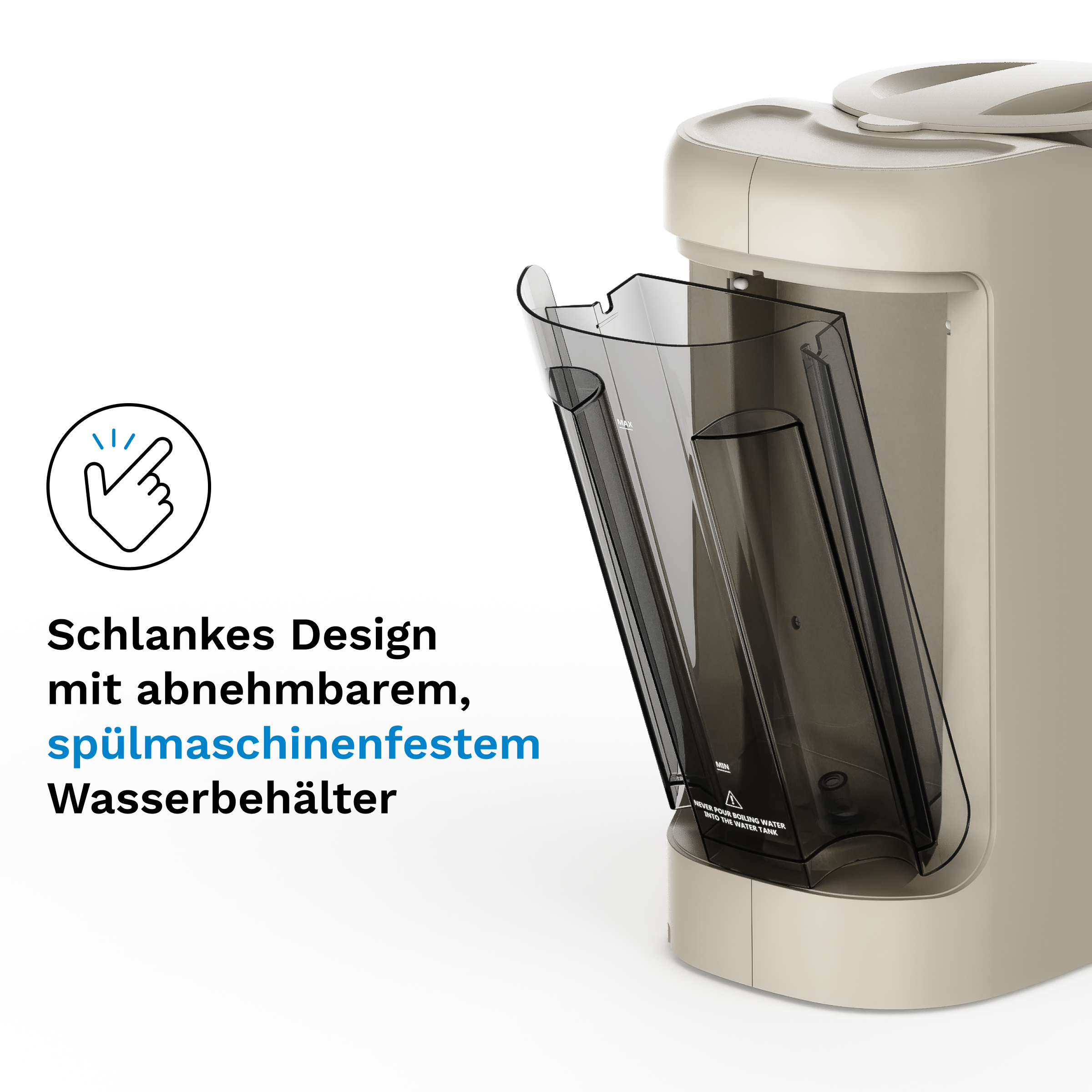 Schlanker beiger Kaffeeautomat mit einem herausnehmbaren, transparenten Wassertank.