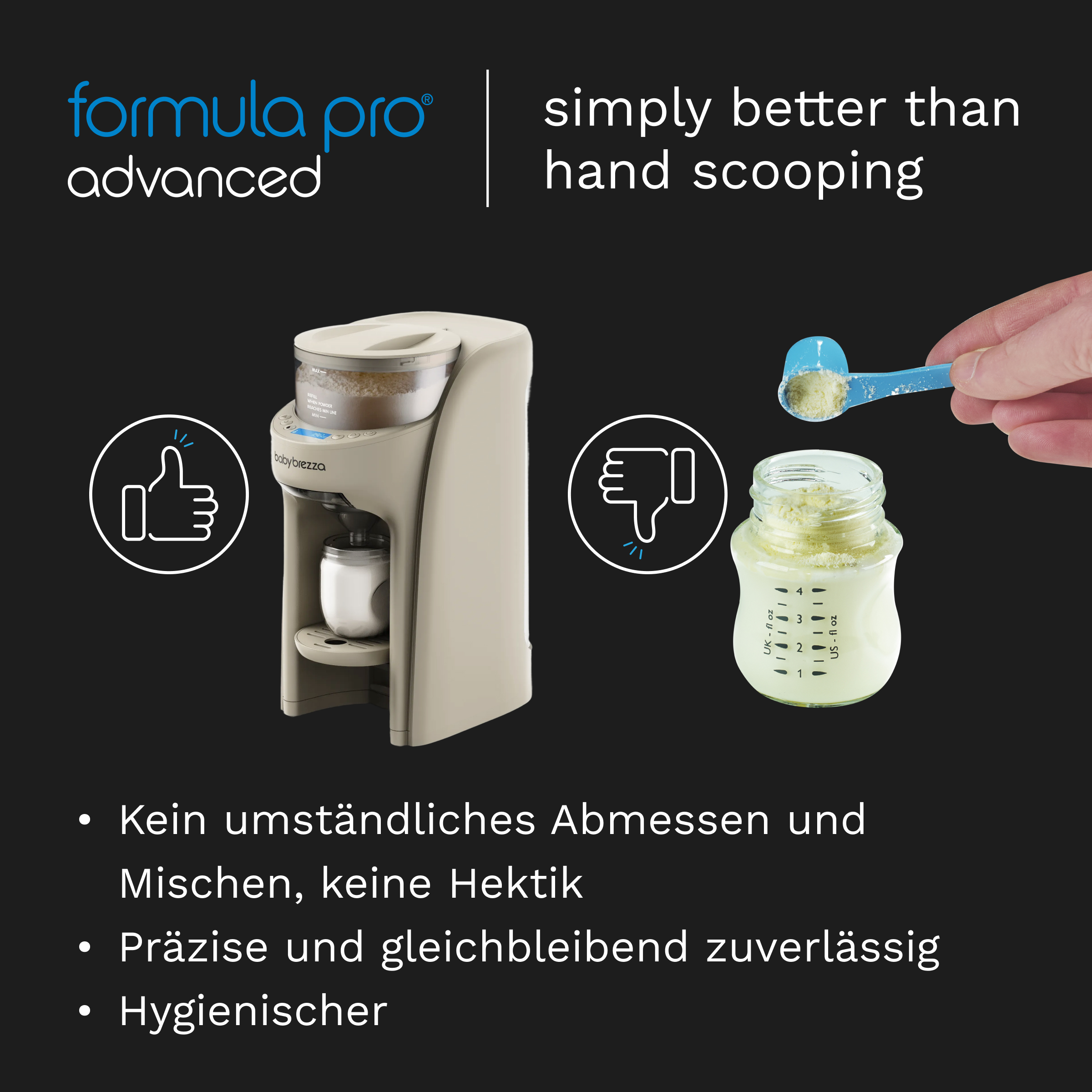 Vergleich der Formula Pro Advanced Maschine mit manuellem Löffeln, inklusive Text und Symbolen.