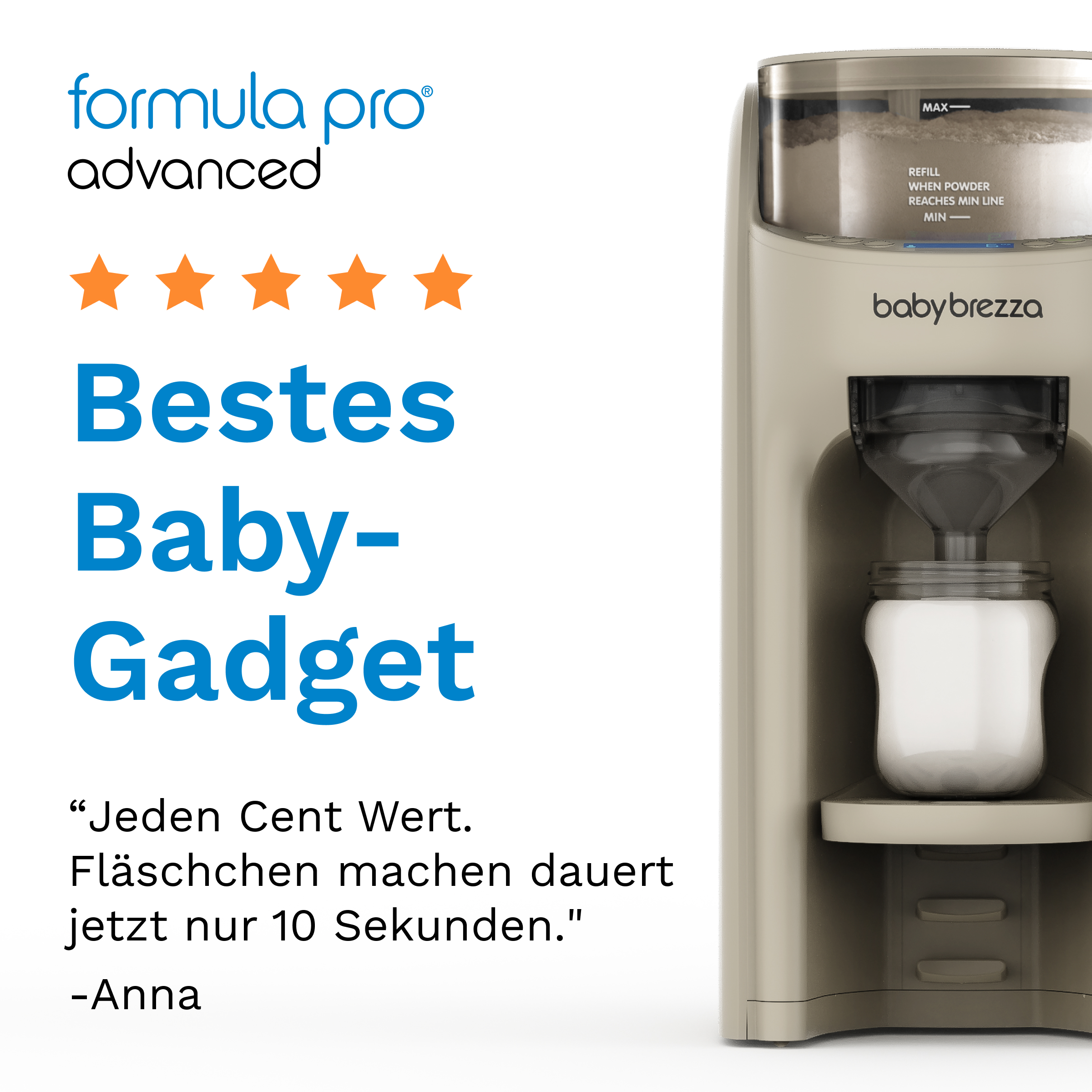 Ein Baby Brezza Formula Pro Advanced und deutscher Werbetext mit fünf Sternen.
