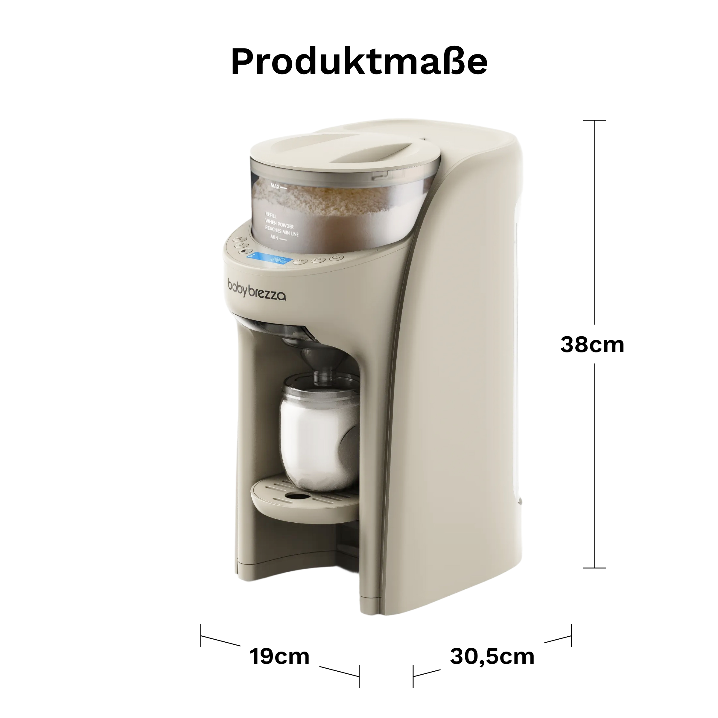 Beige Babybrezza Küchenmaschine mit Produktmaßen von 38 cm Höhe, 19 cm Breite und 30,5 cm Tiefe.