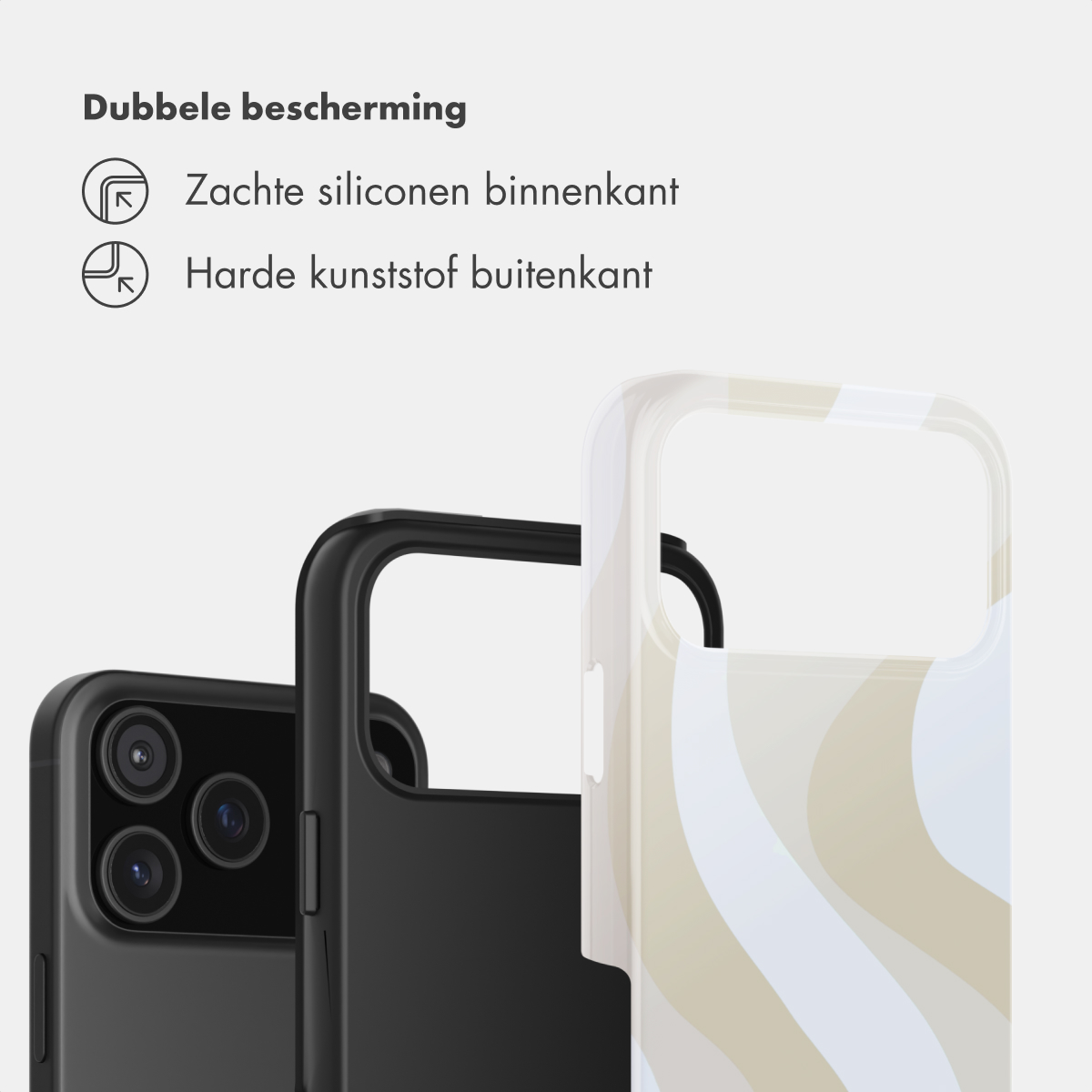 Infografik zeigt eine Handytasche mit weichem Silikon innen und hartem Kunststoff aussen für Doppel-Schutz.